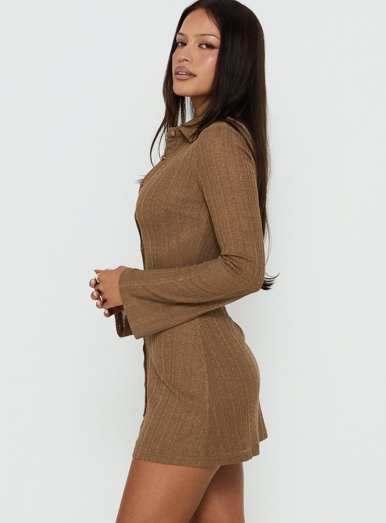 When You Sleep Long Sleeve Mini Dress Cocoa Brown