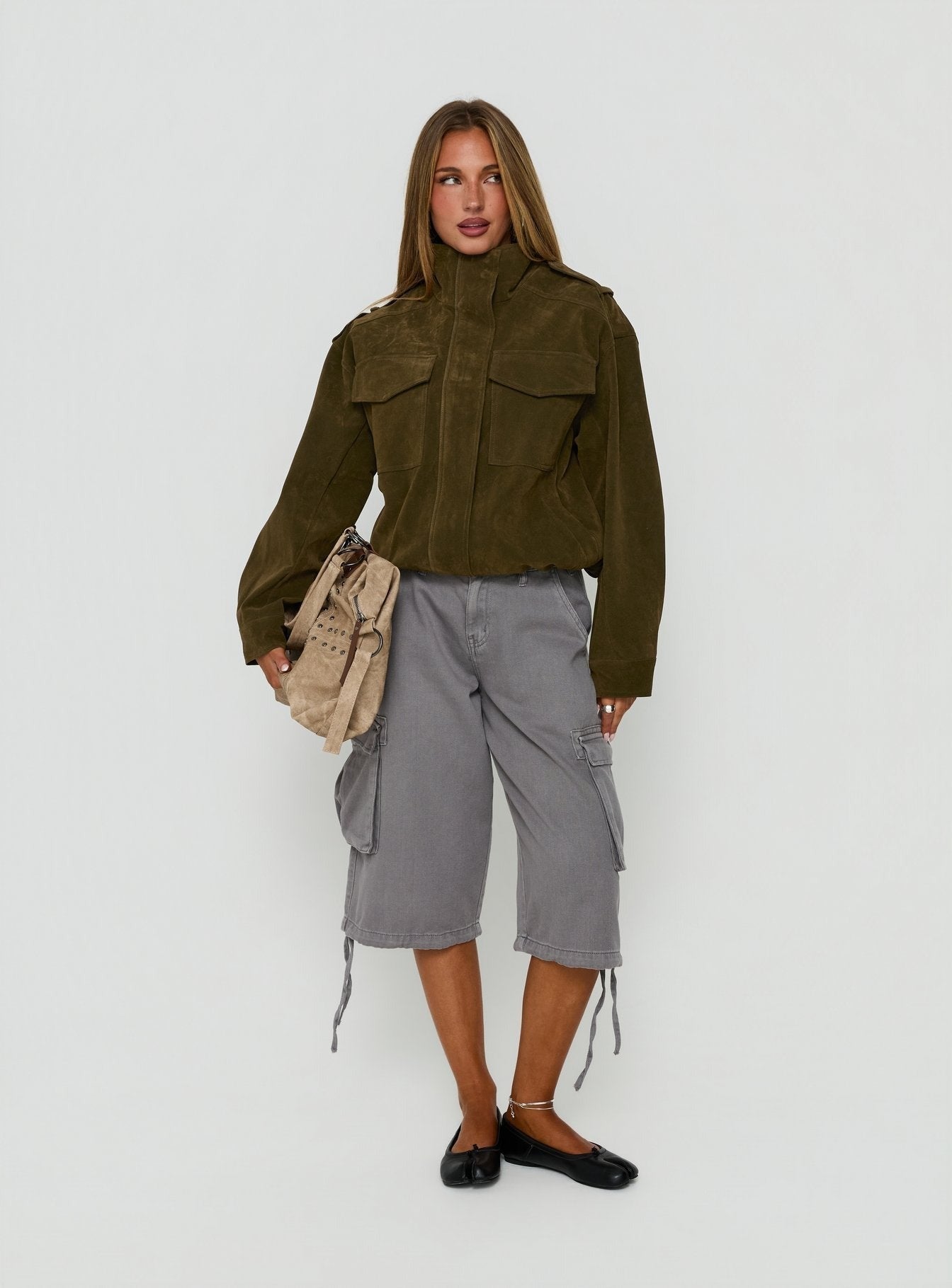 Double Life Funnel Neck Cargo Jacket Olive Green