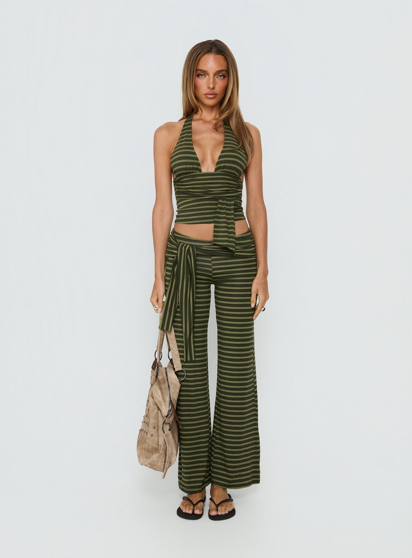 Esata Tie Detail Pants Green Stripe