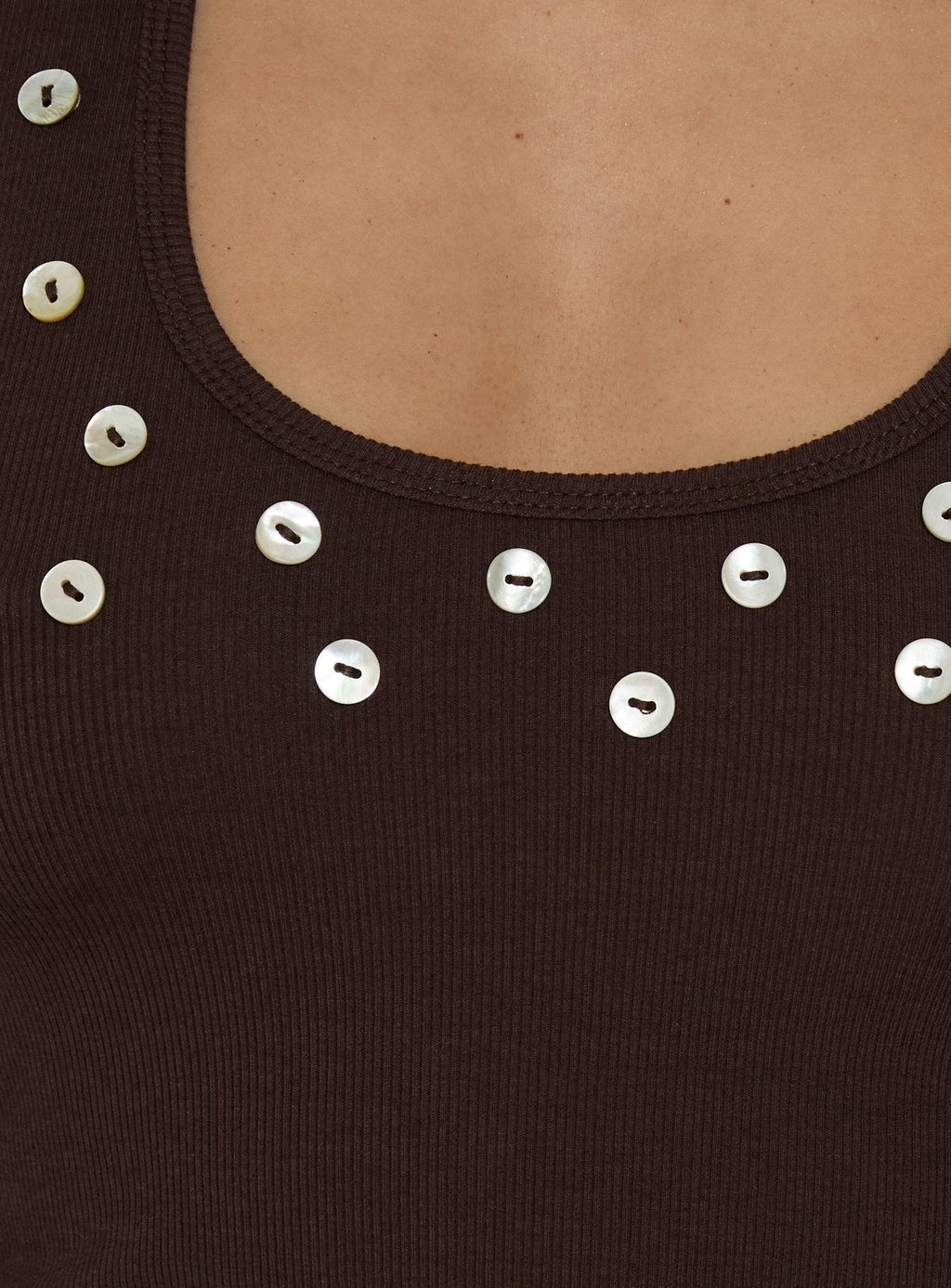 Renara Halter Ribbed Button Top Brown