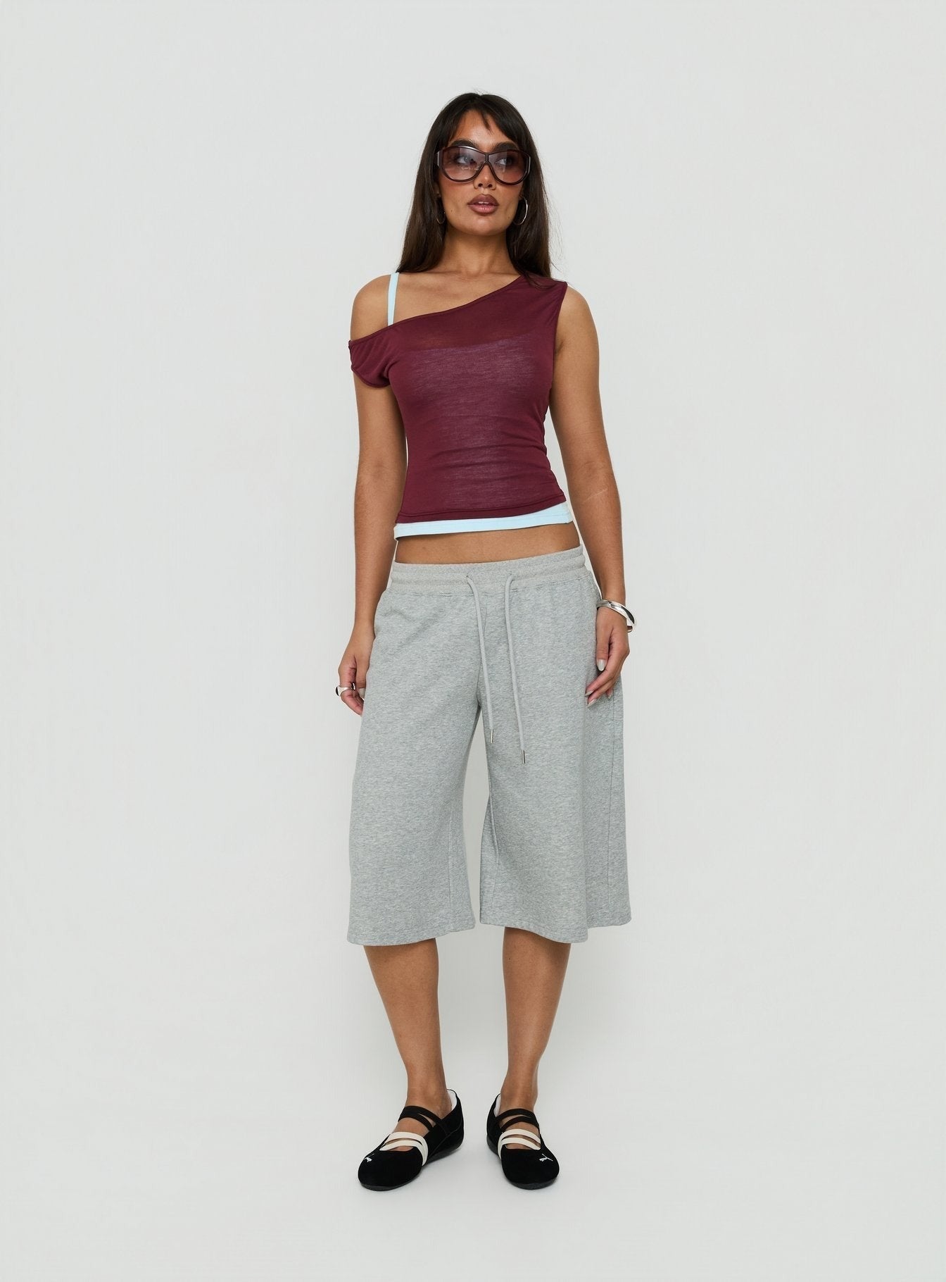 Klaretta Off Shoulder Draped Layered Top Burgundy / Blue