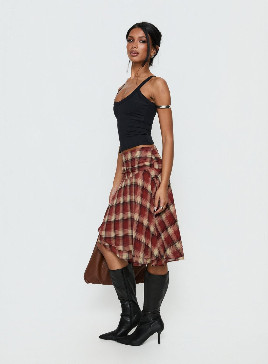 Evanescence Asymmetrical Midi Skirt Brown Check
