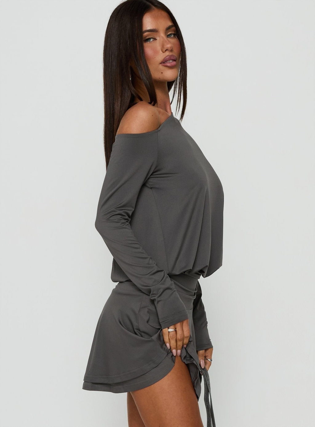 Alyma Tie Back Off Shoulder Mini Dress Charcoal