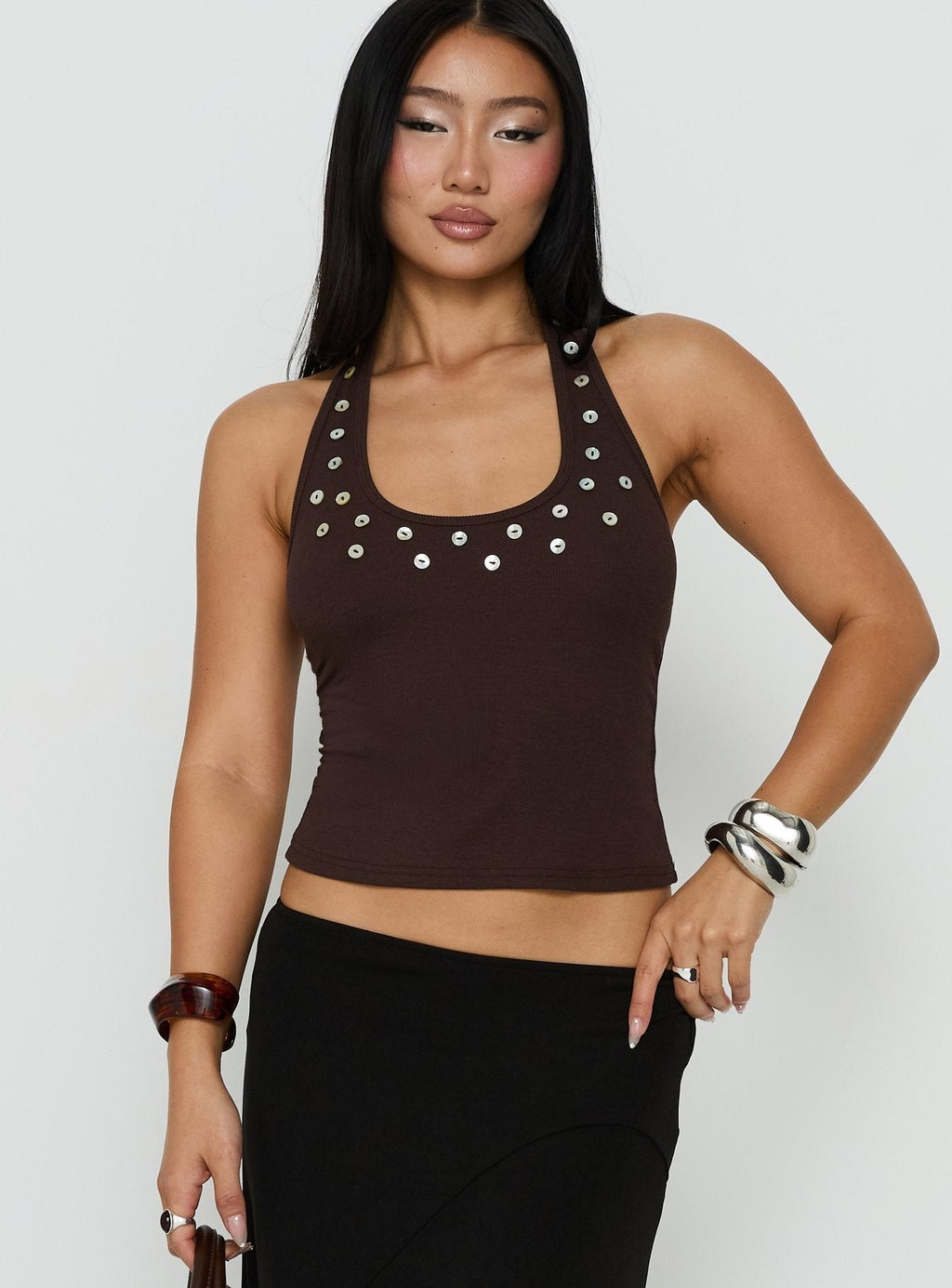 Renara Halter Ribbed Button Top Brown