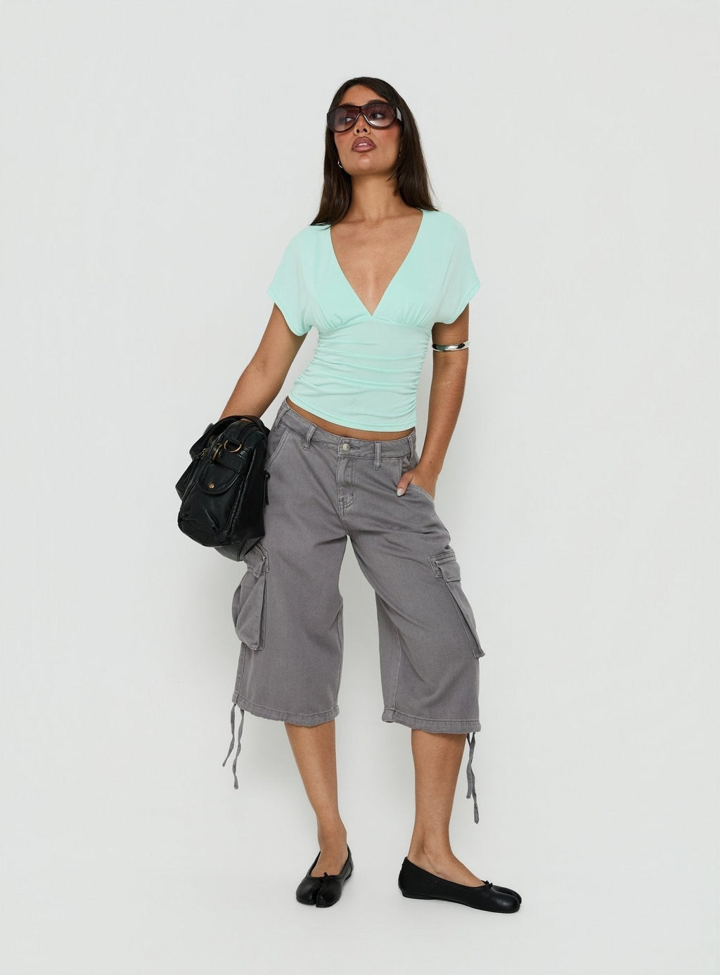 Mattey Cinched V Neck Top Turquoise