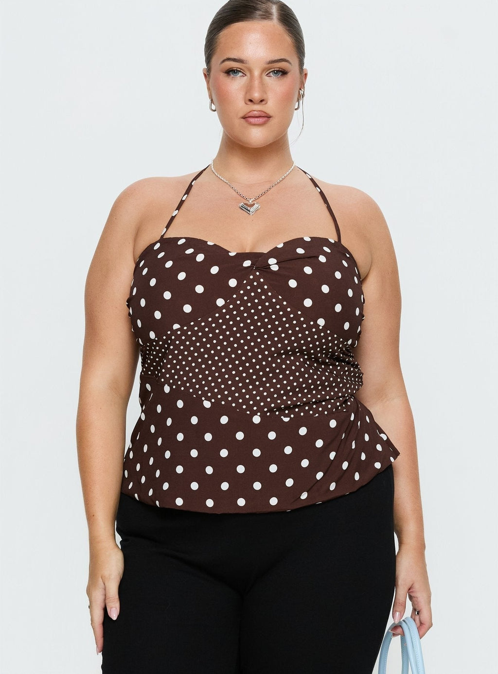 Marguerite Halter Top Brown Polka Curve