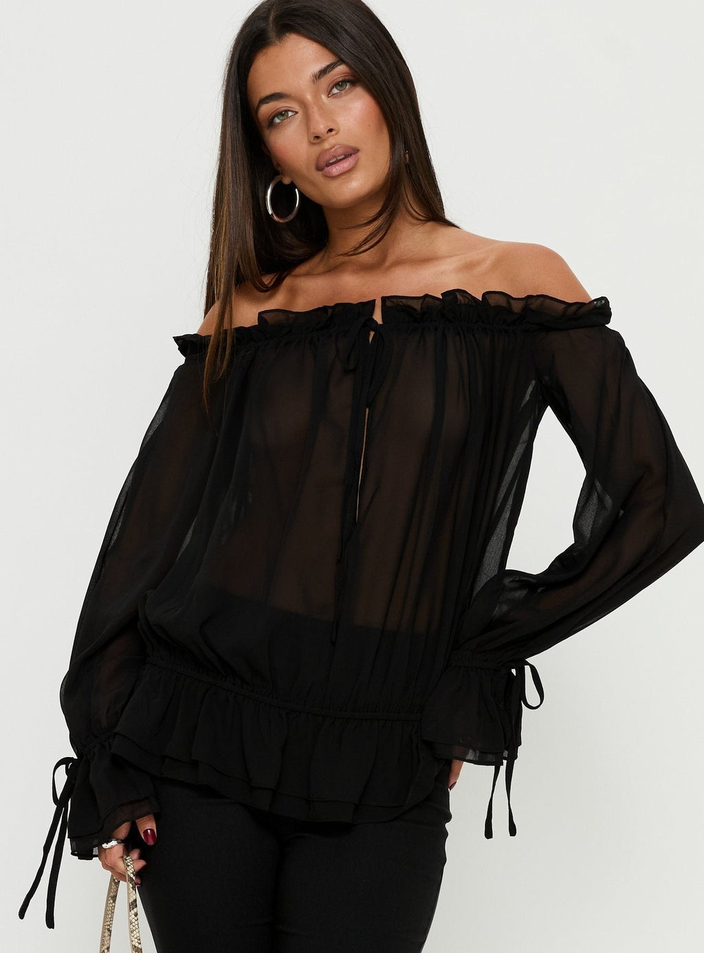 Madelina Frill Long Sleeve Top Black