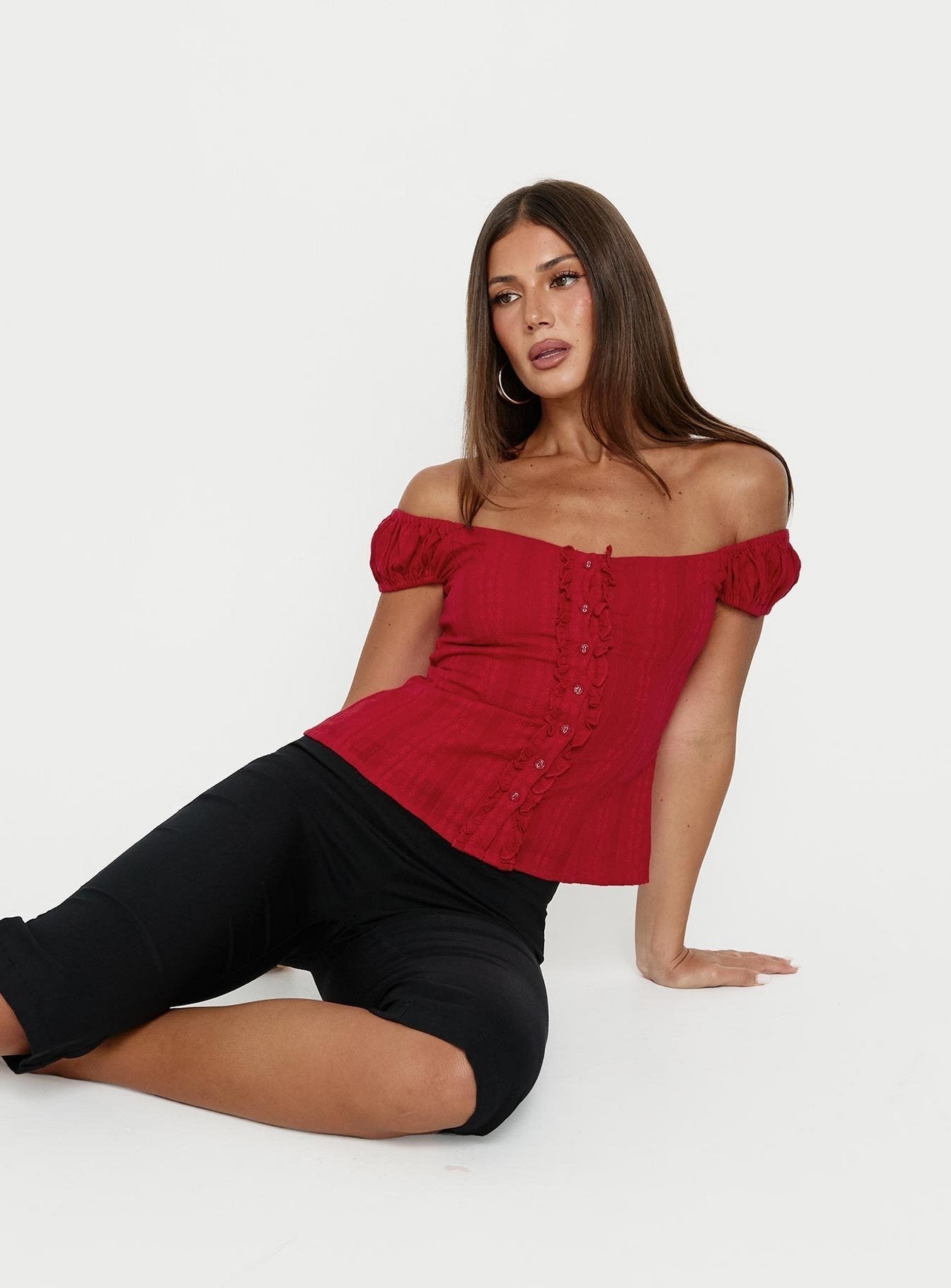 Gysella Off Shoulder Woven Top Red