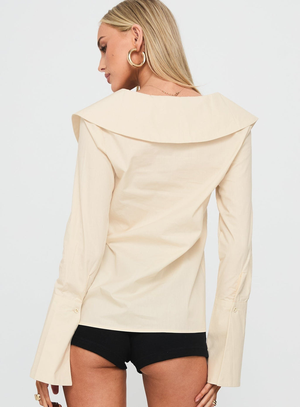 Zelina Oversized Collar Long Sleeve Top Beige