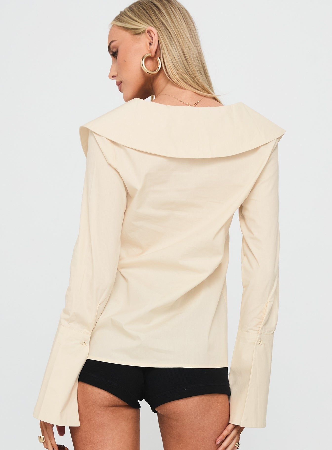 Zelina Oversized Collar Long Sleeve Top Beige