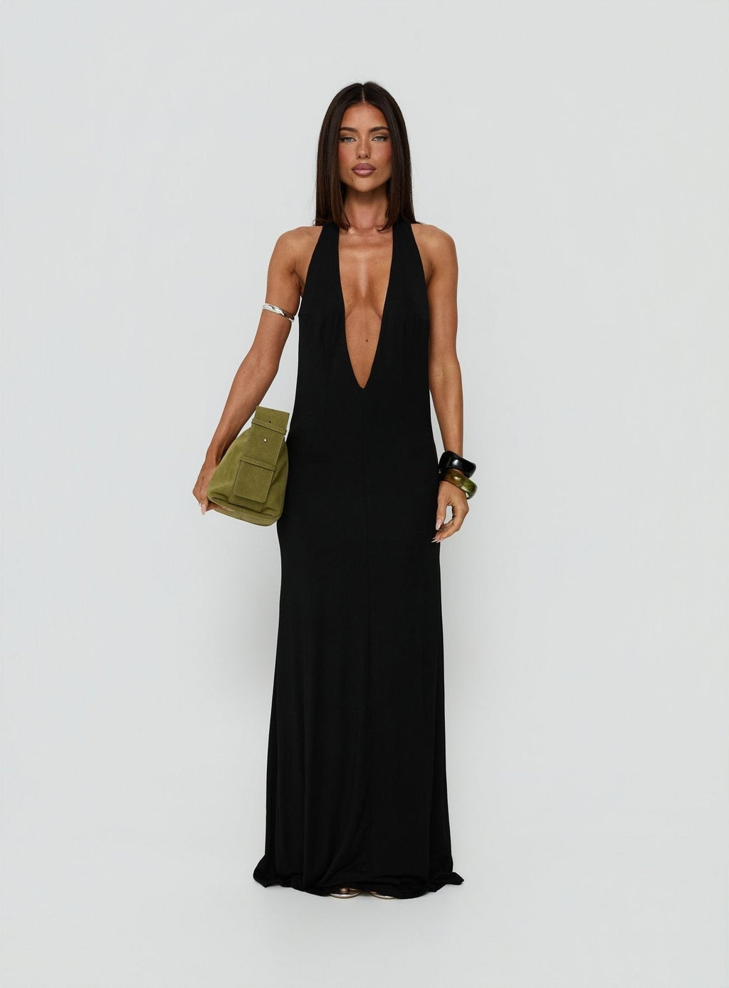 Think About Me Plunge Neck Racerback Maxi Dress Black