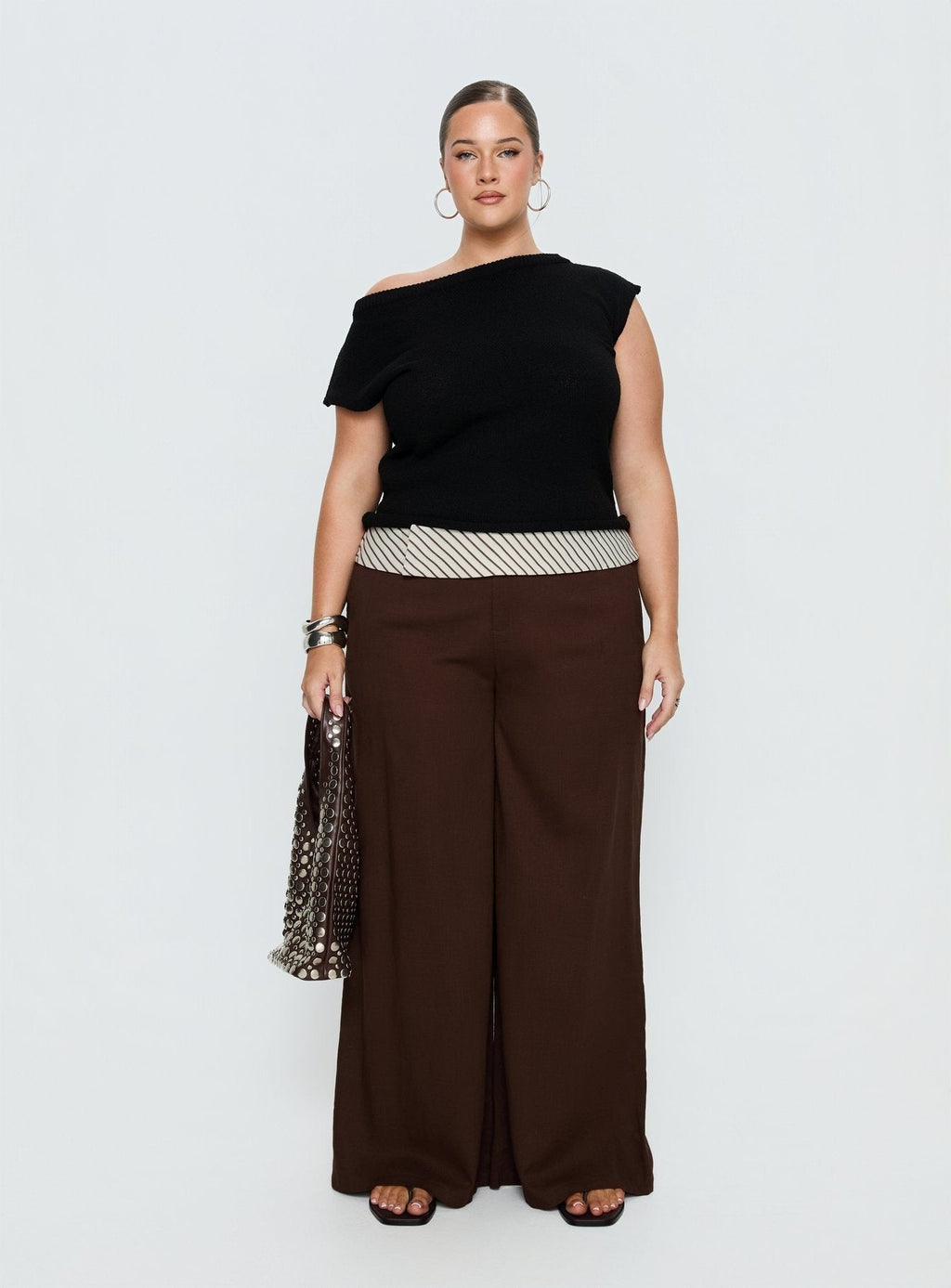 Past Life Fold Over Waistband Pant Brown / Stripe Curve