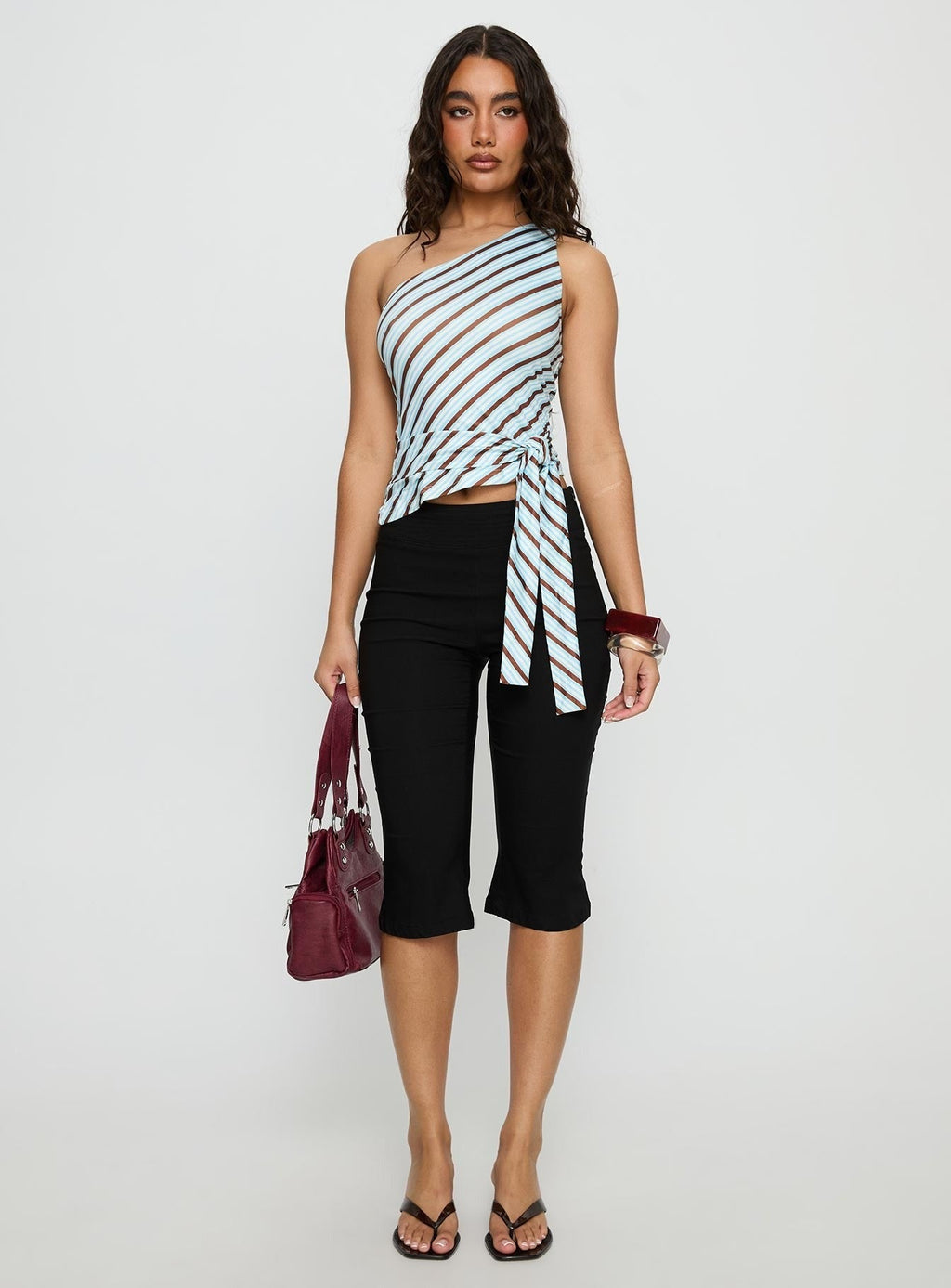 Ranae One Shoulder Tie Detail Top Blue Stripe