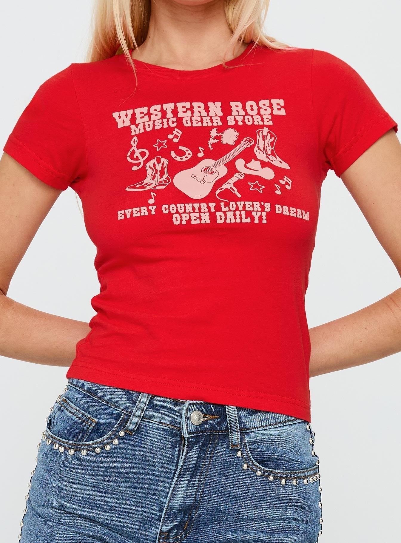 Western Rose Graphic Top Red