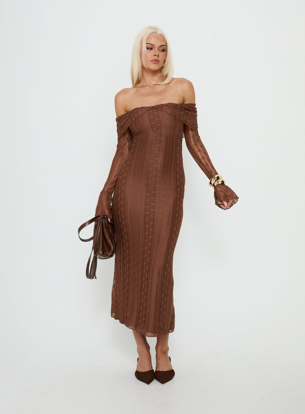 Perdita Long Sleeve Lace Maxi Dress Chocolate