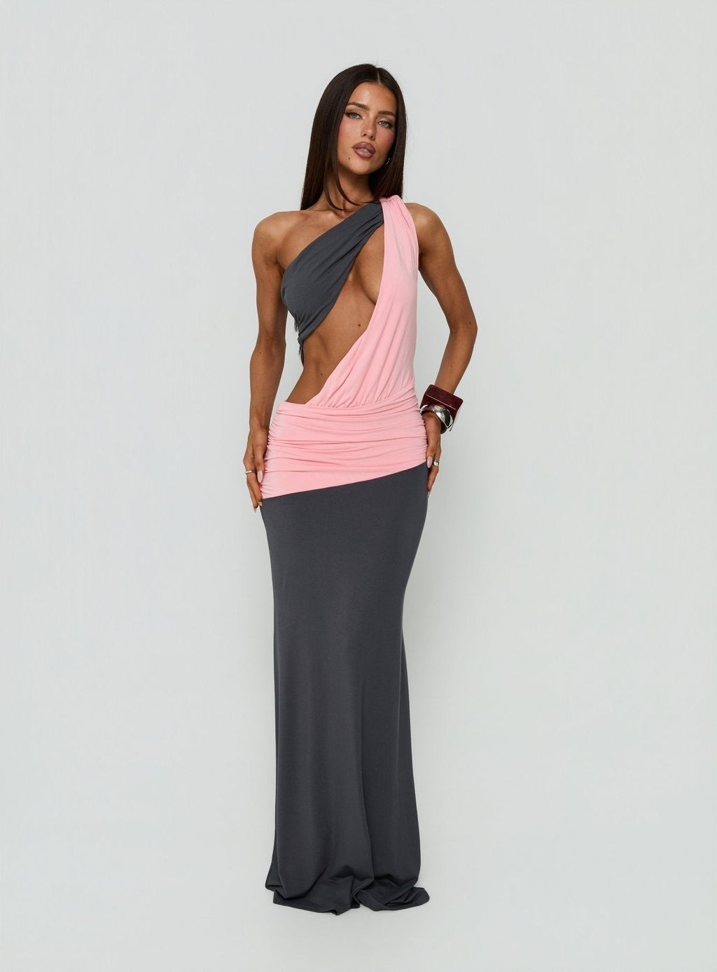 Loletta Draped One Shoulder Maxi Dress Charcoal / Pink