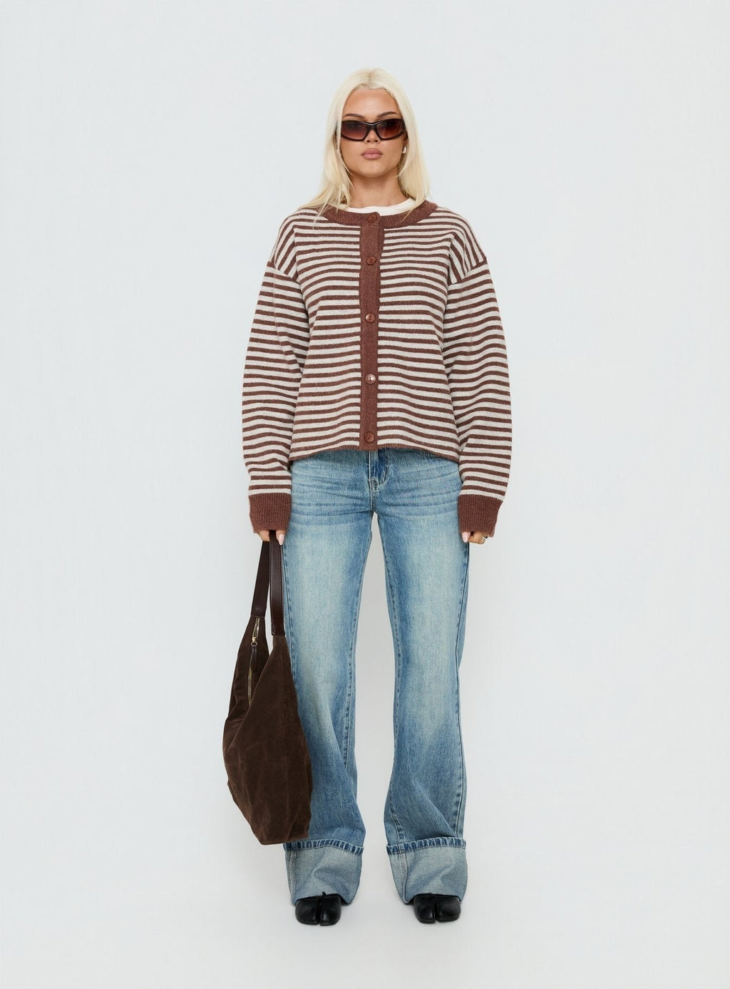 Darnelle Button Up Knit Cardigan Chocolate Stripe