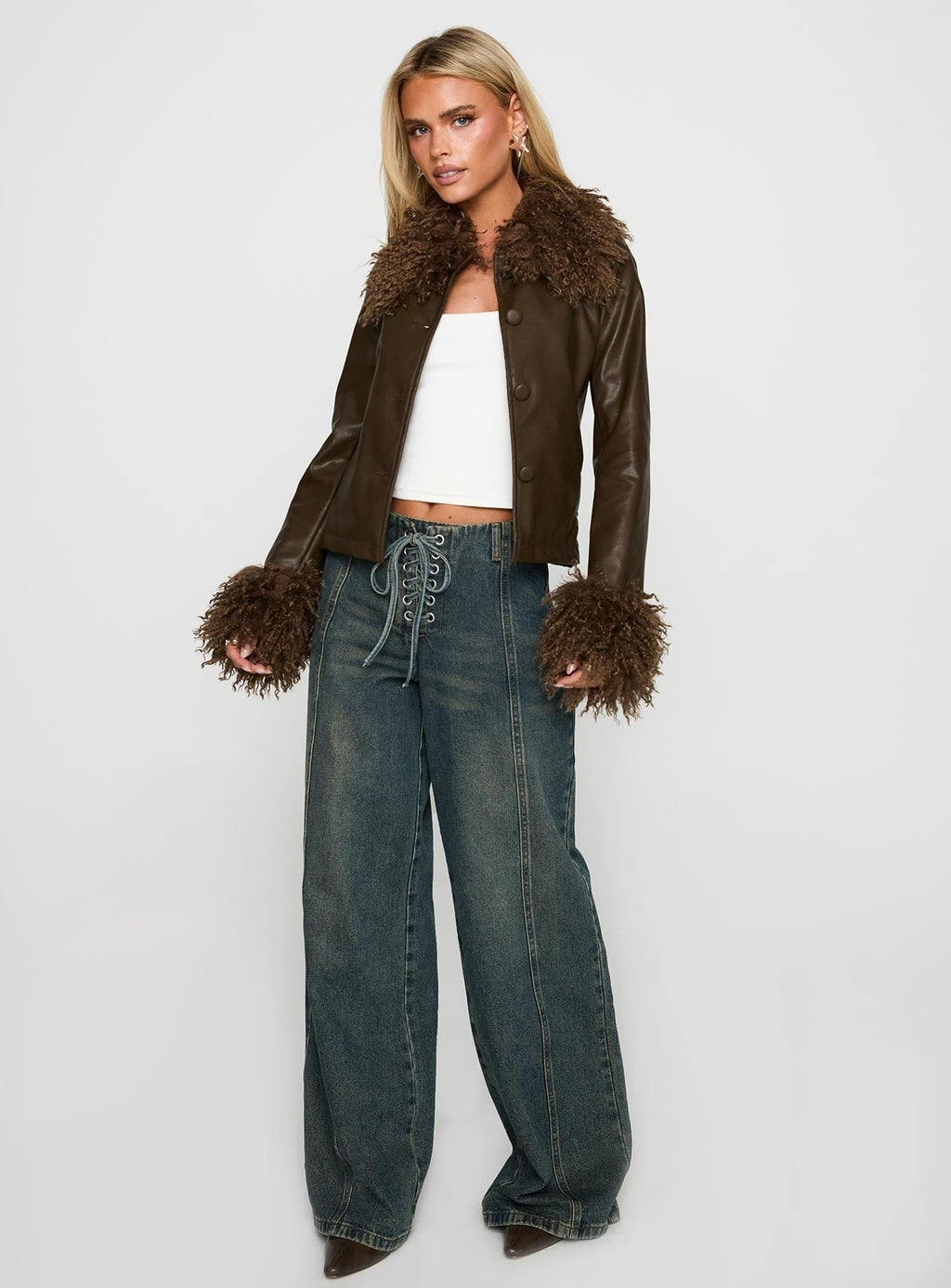 Cupid Clouds Faux Leather Jacket Brown