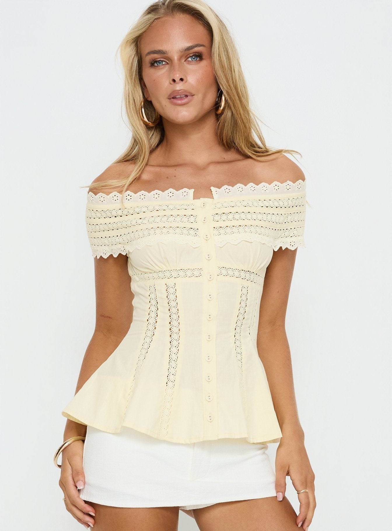 Stately Off Shoulder Lace Trim Top Lemon