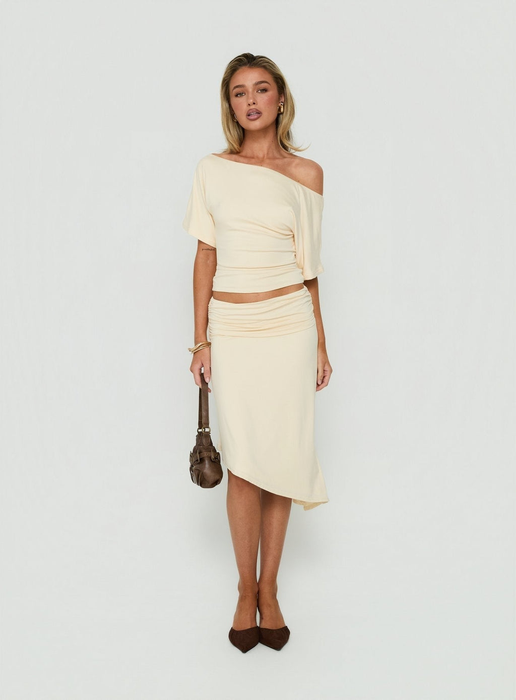 Sezzia Ruched Asymmetrical Midi Skirt Beige