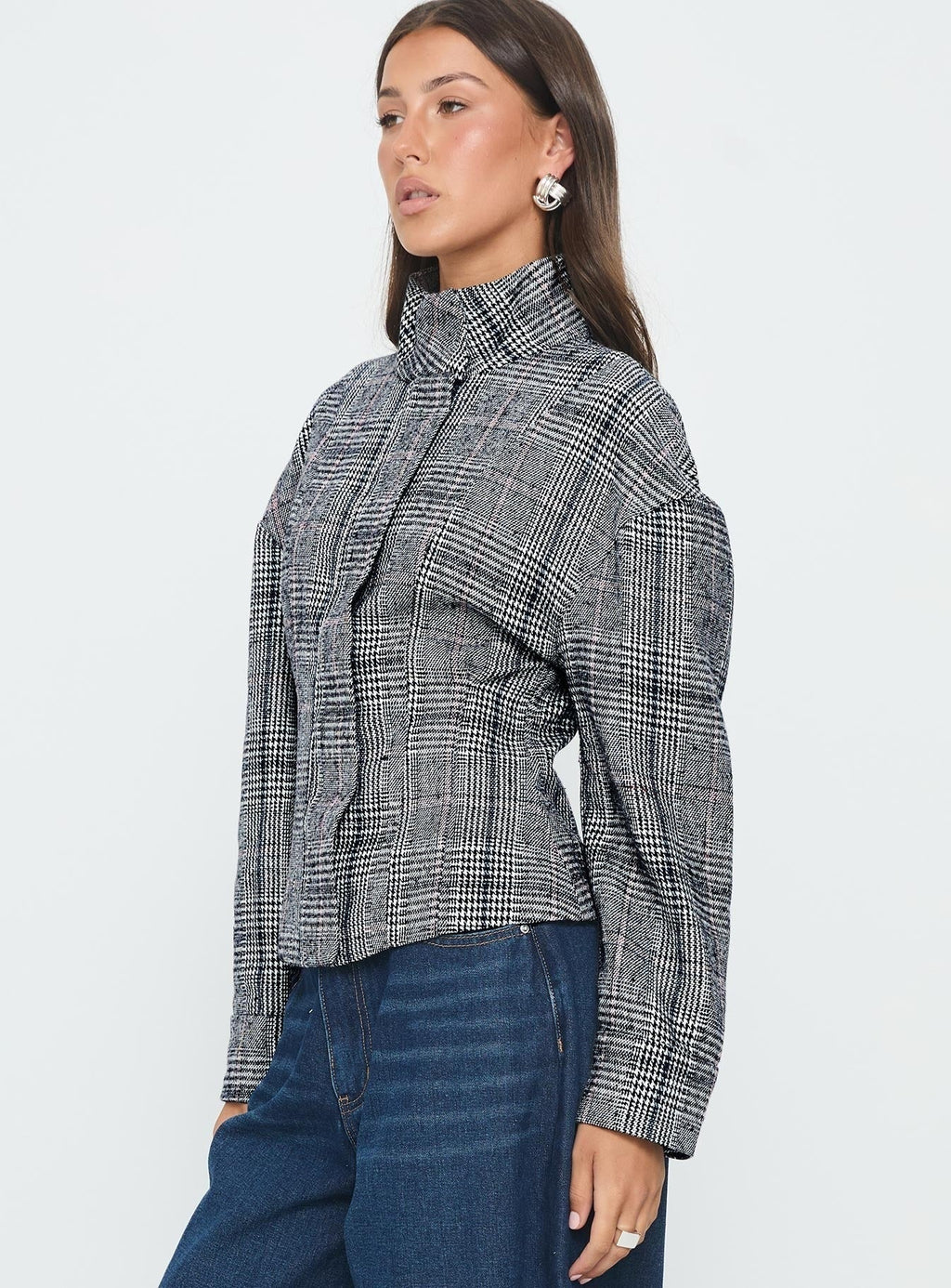 Cathrine Cinched High Neck Jacket Grey Plaid