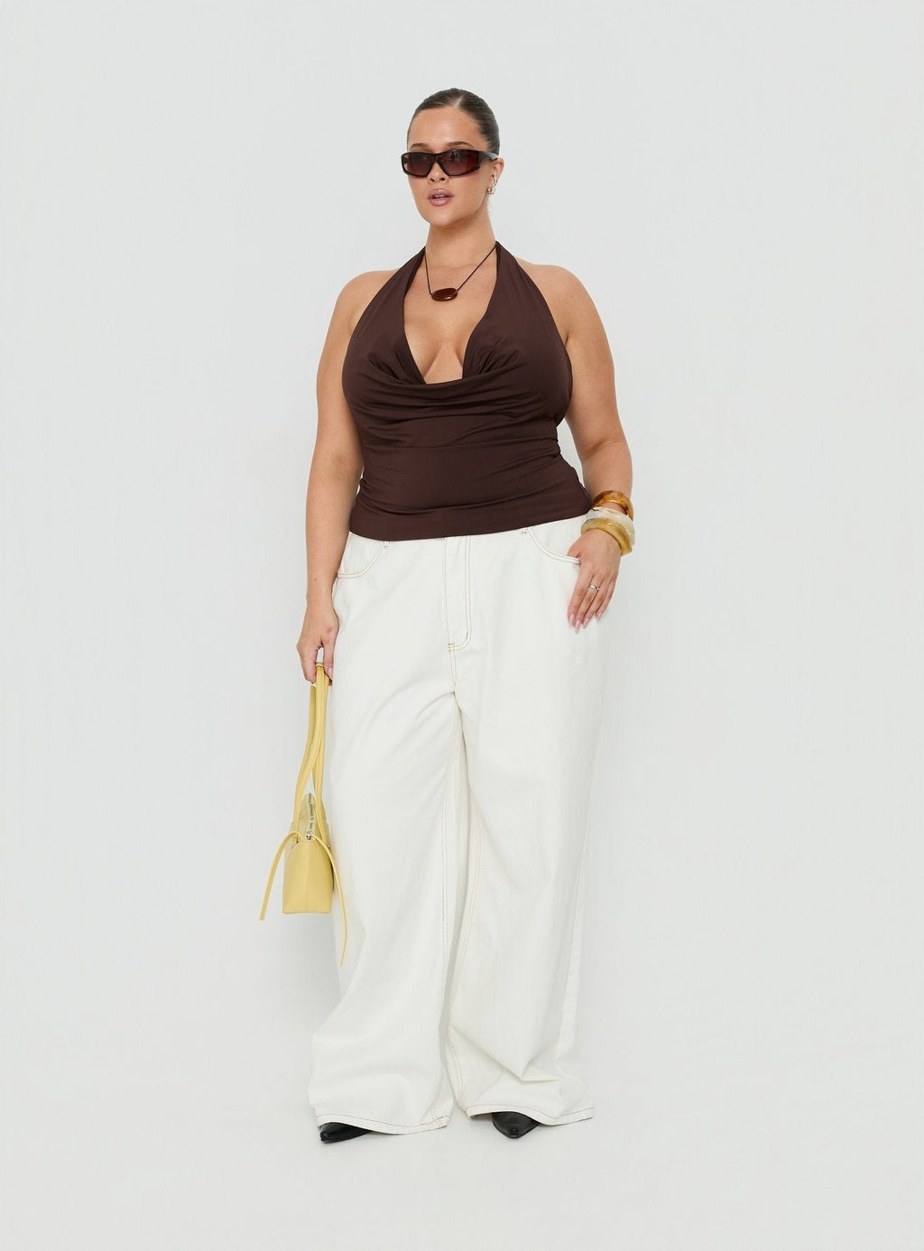 Xylia Plunge Neck Tie Back Top Chocolate Curve