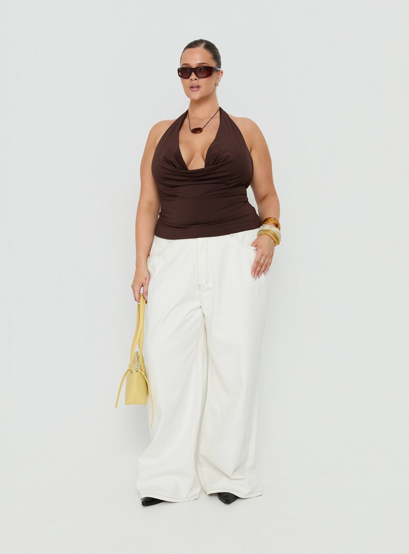 Xylia Plunge Neck Tie Back Top Chocolate Curve