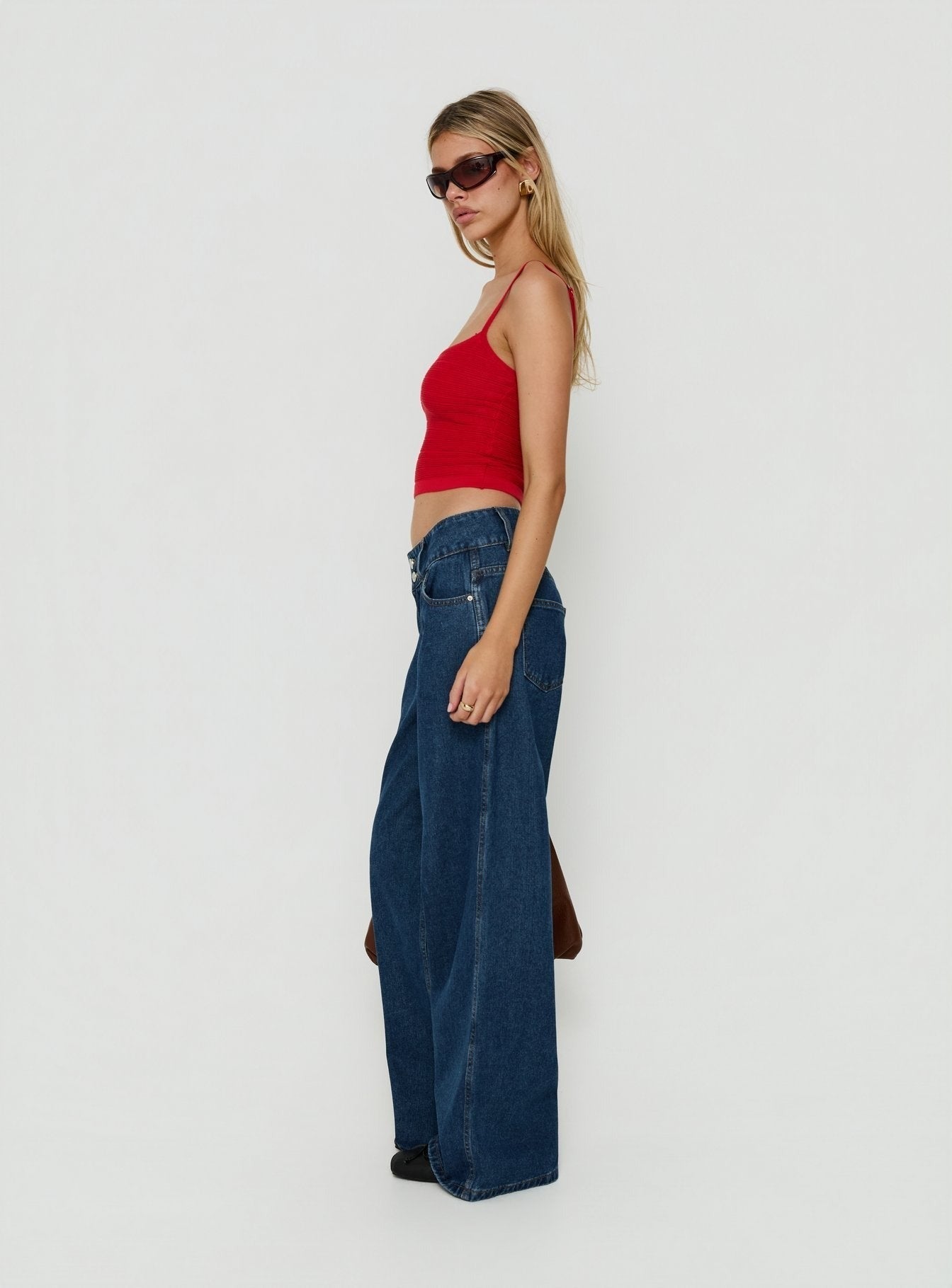 Ramos Low Rise Double Button Wide Leg Jeans Dark Indigo