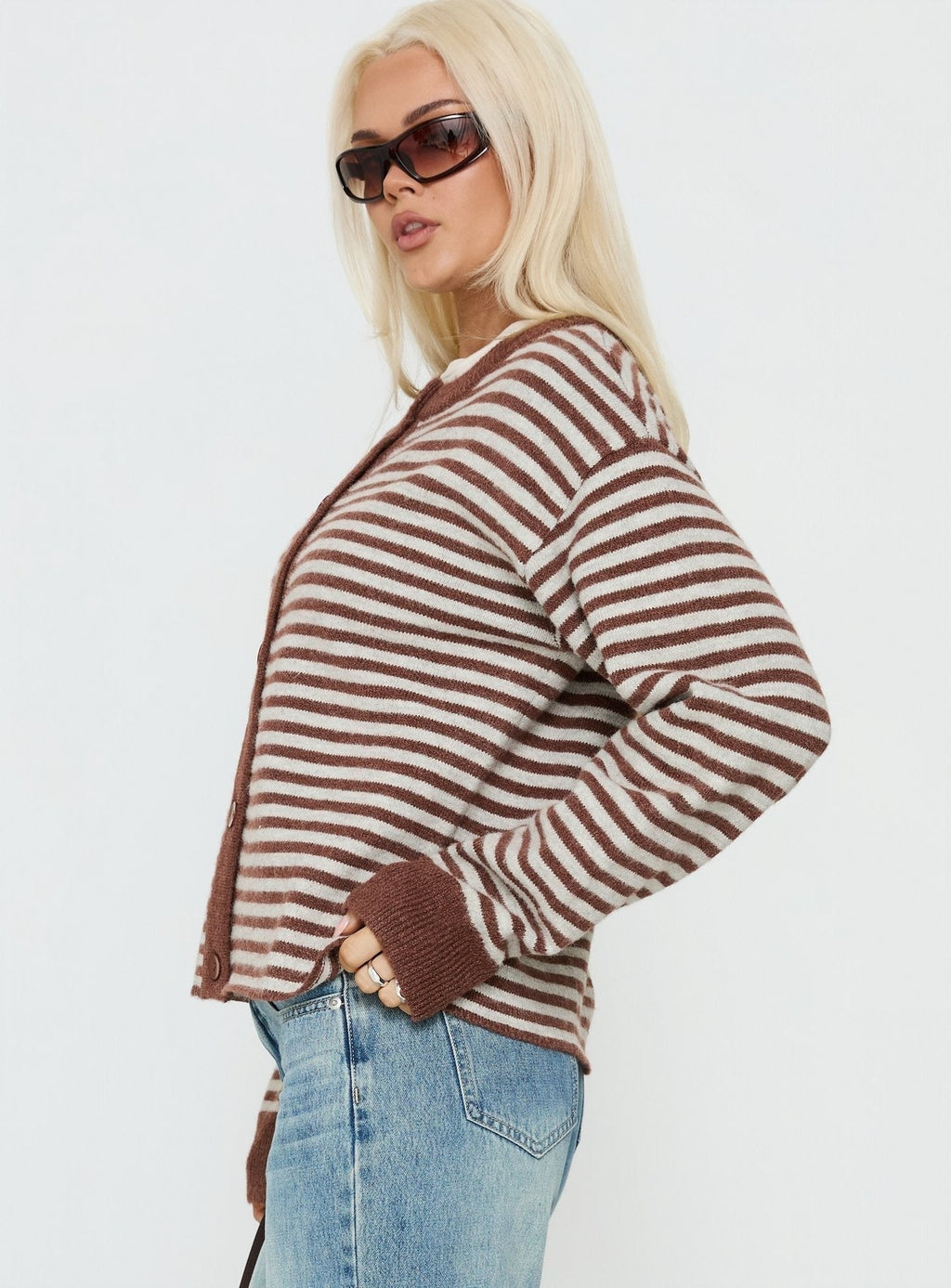 Darnelle Button Up Knit Cardigan Chocolate Stripe