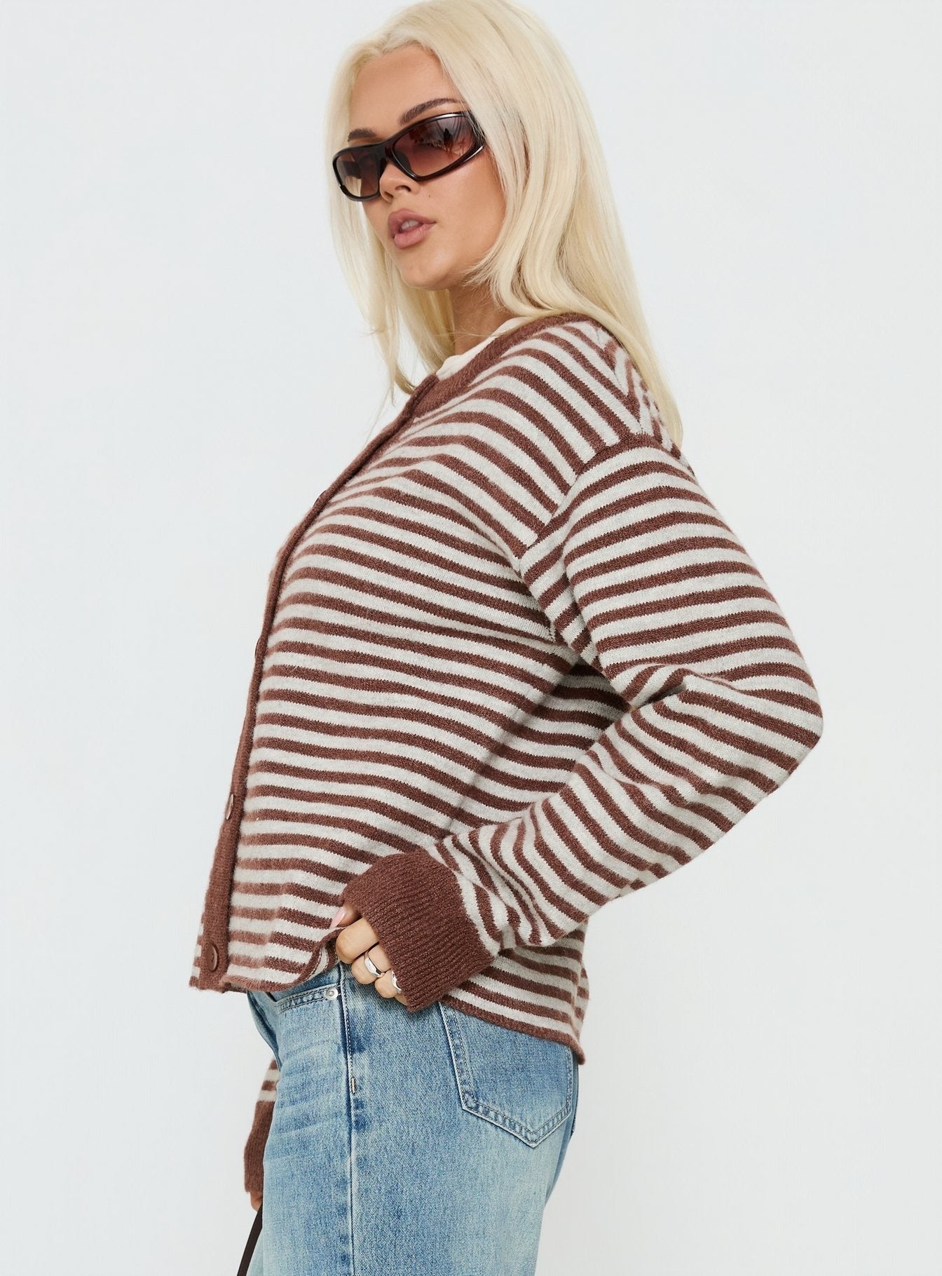Darnelle Button Up Knit Cardigan Chocolate Stripe