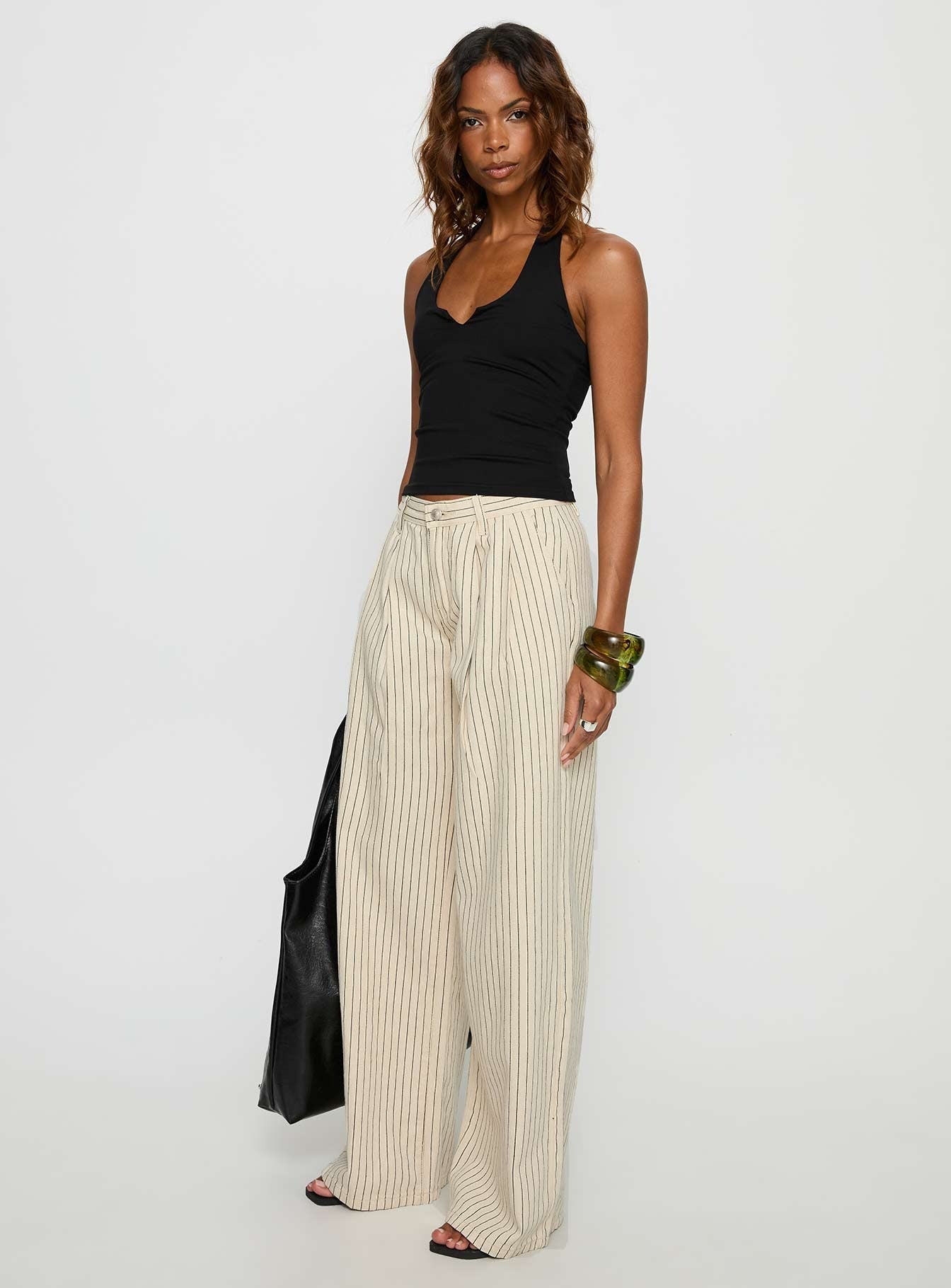Frankee Wide Leg Mid Rise Denim Jeans Cream Stripe