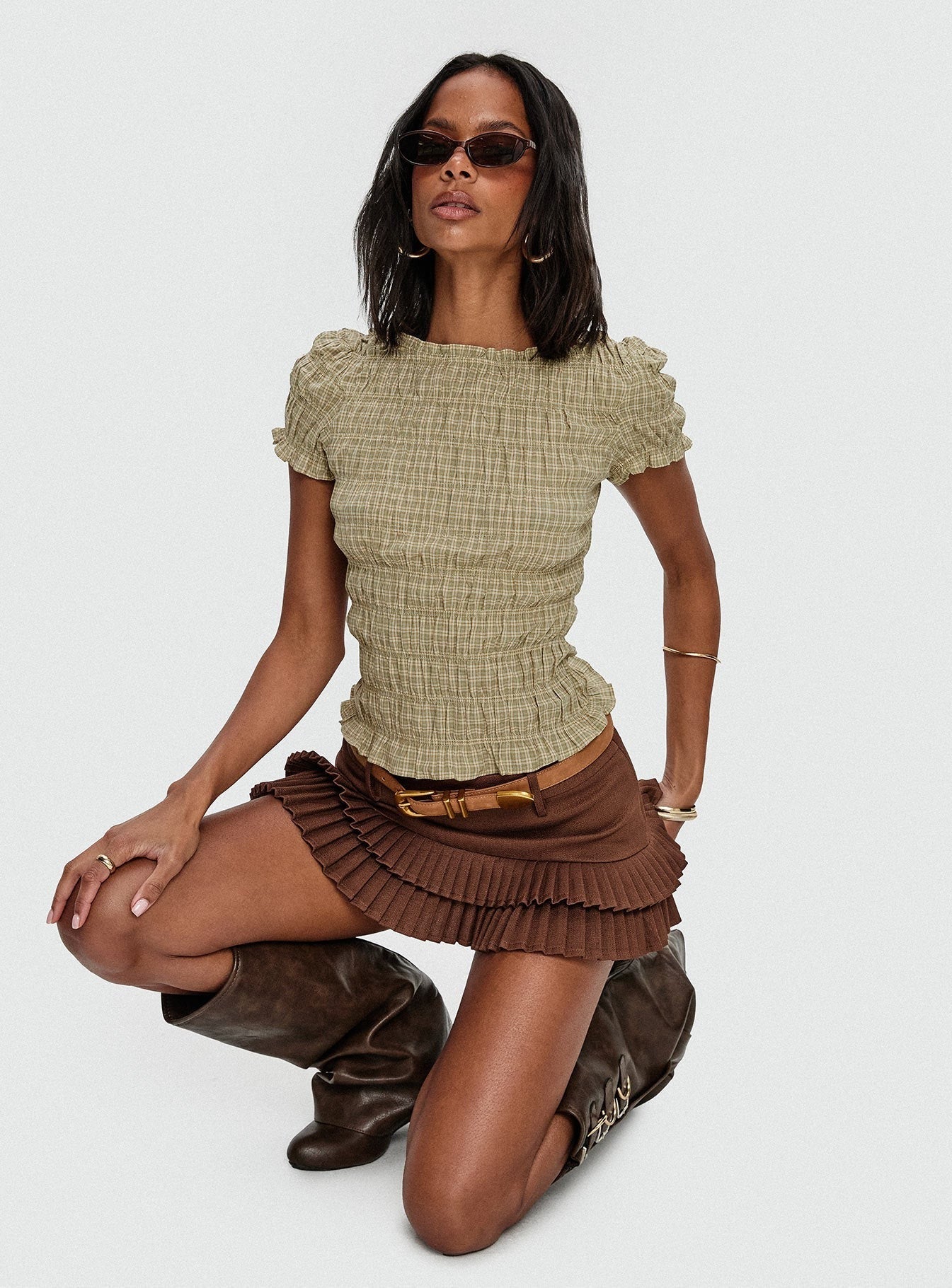 Romelle Shirred Top Green / Brown Plaid