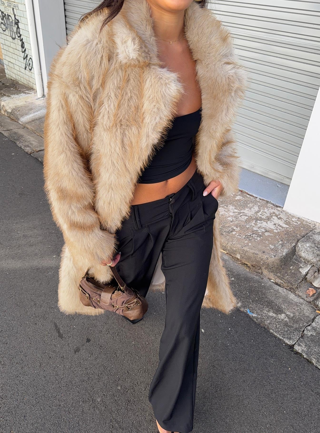 End Of Beginning Faux Fur Longline Jacket Beige