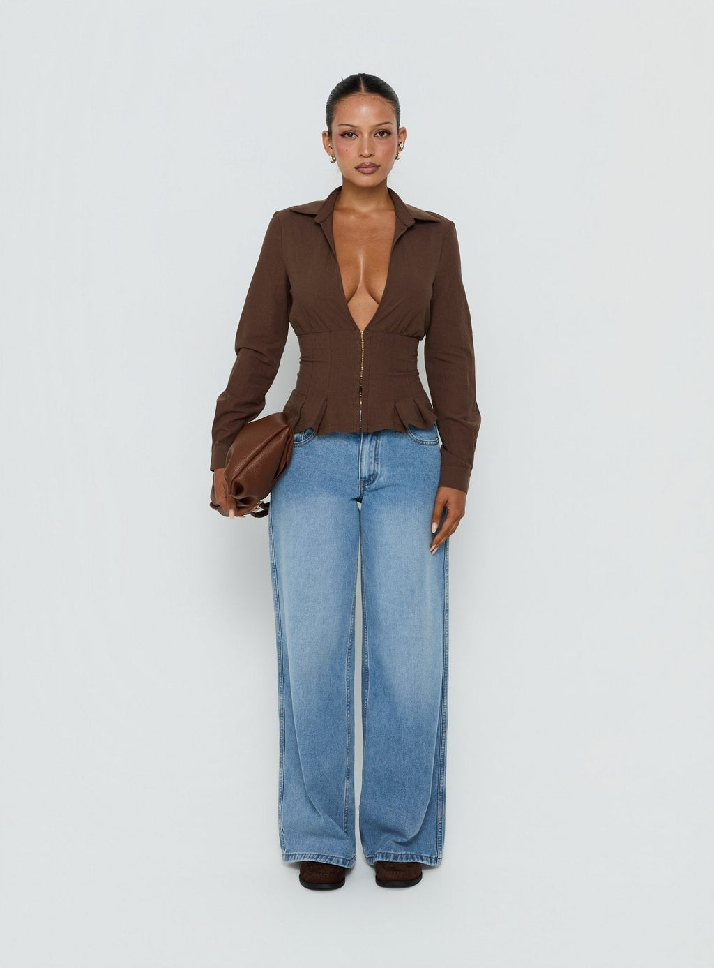 Kiyra Cinched Long Sleeve Shirt Brown