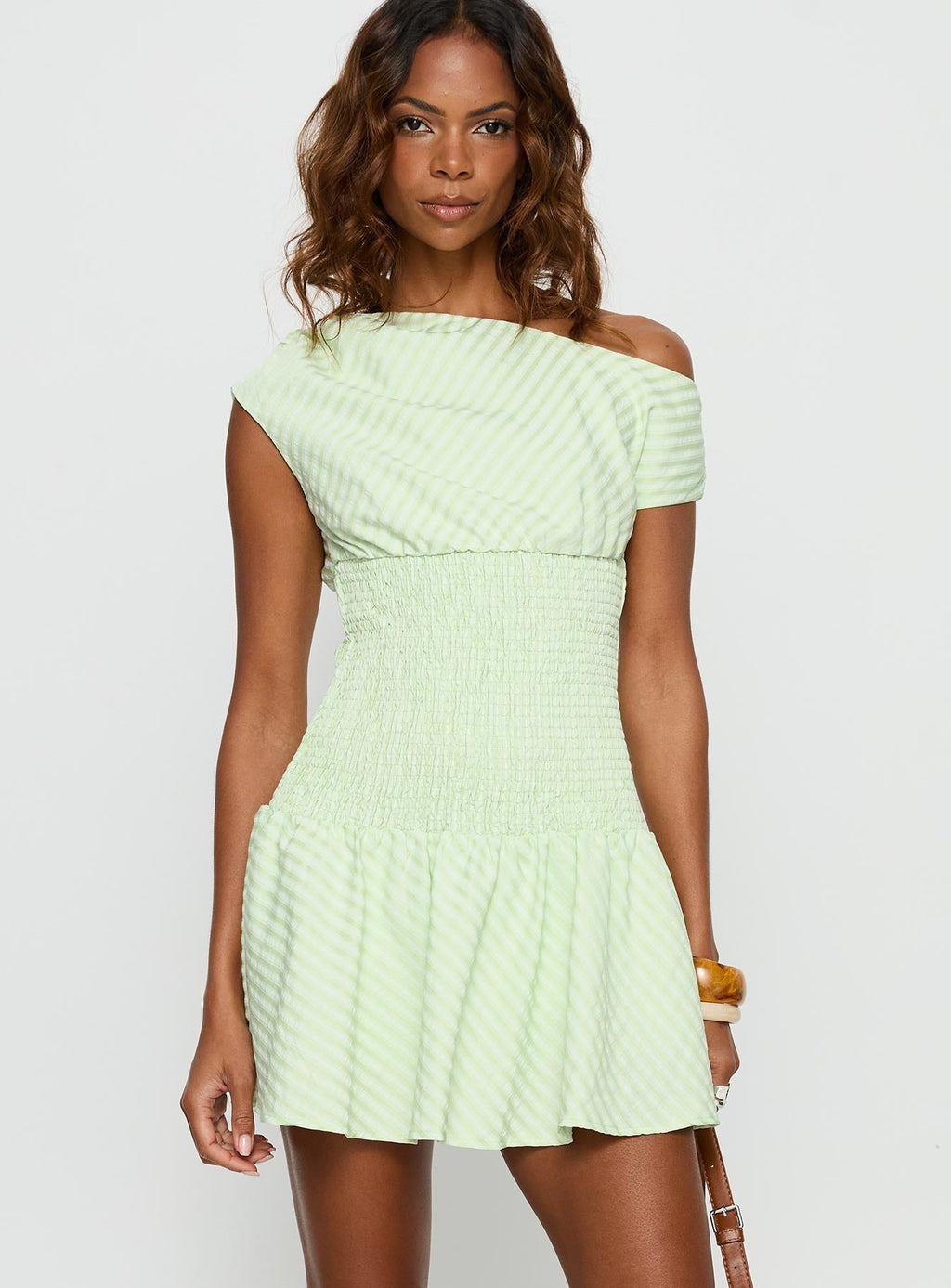 Stephane Off Shoulder Shirred Playsuit Green Stripe
