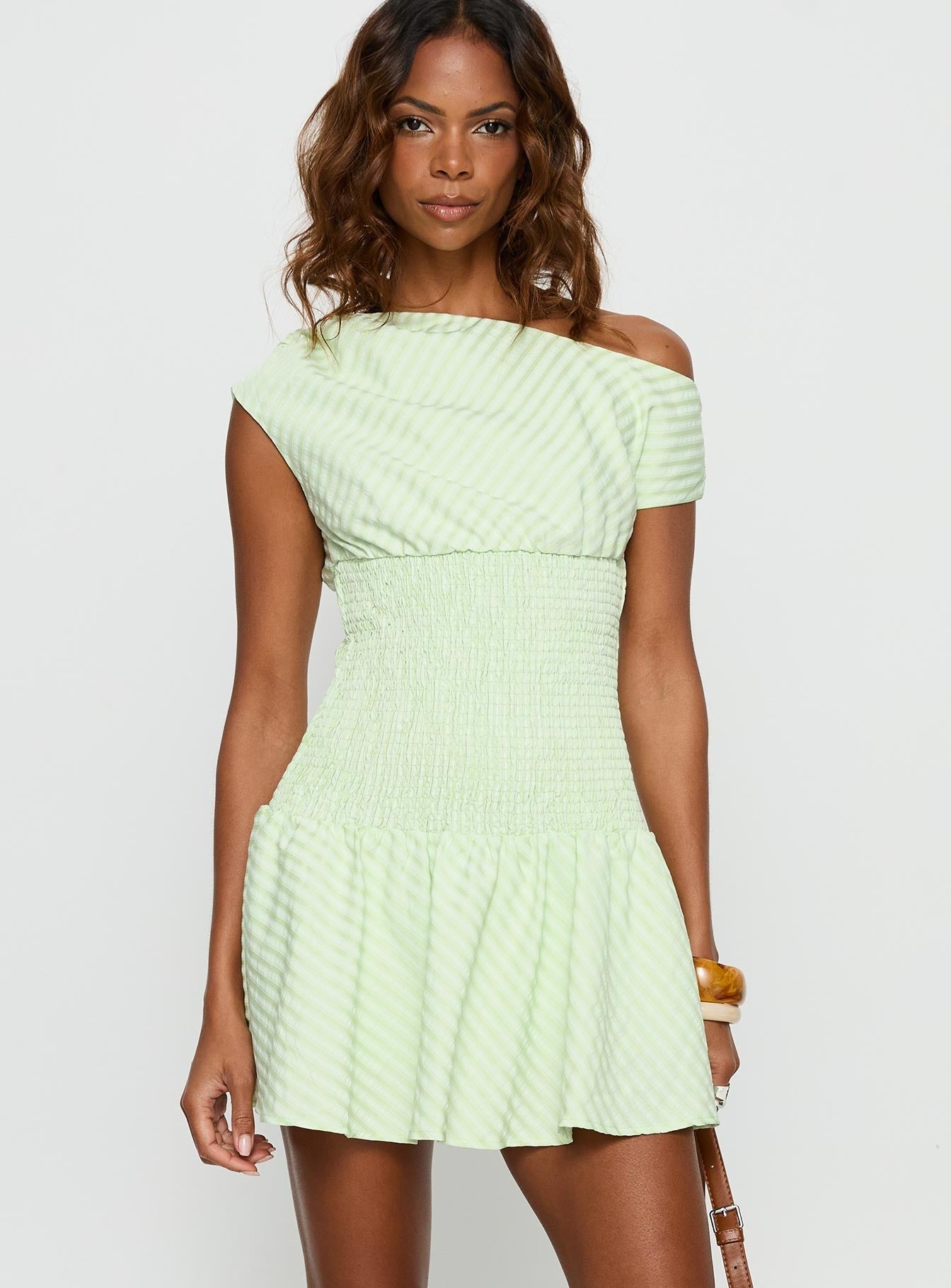 Stephane Off Shoulder Shirred Playsuit Green Stripe