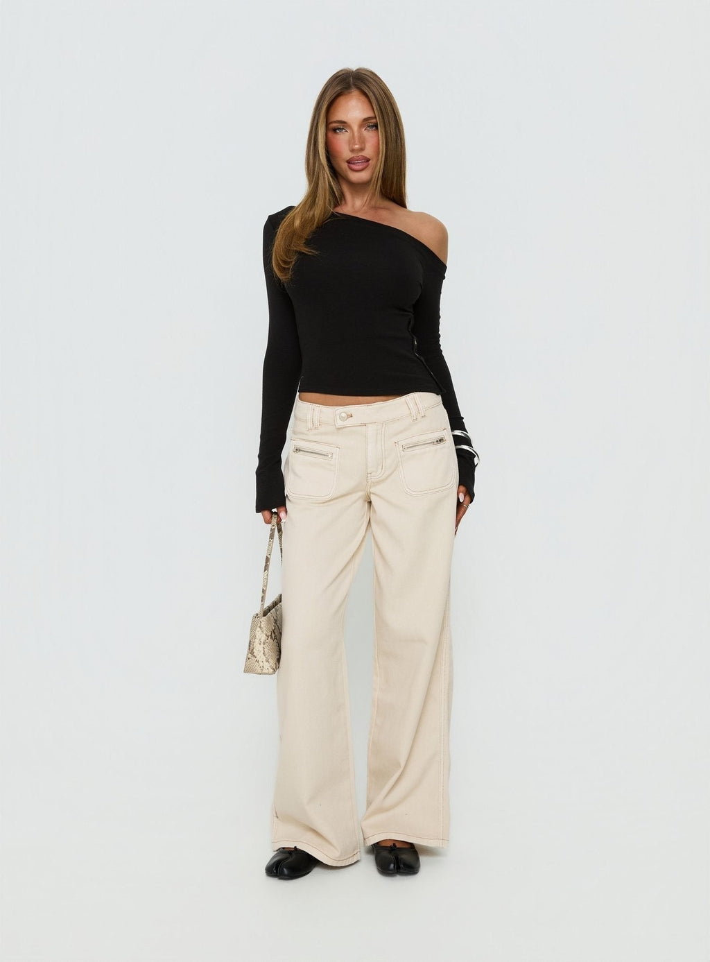 Lifetimes Mid Rise Wide Leg Cargo Jeans Cream