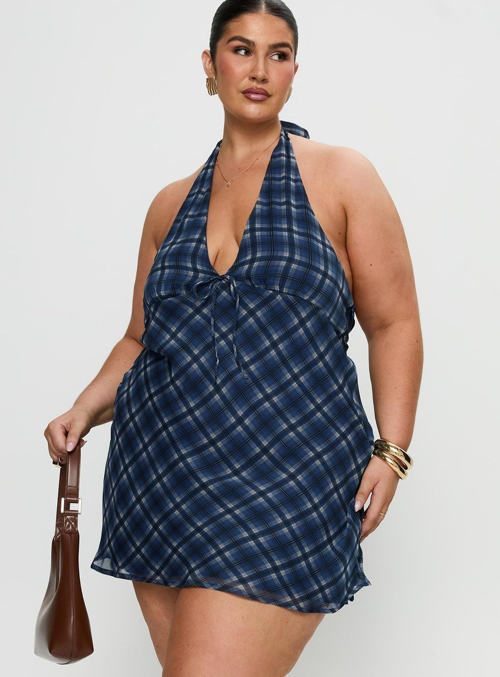 Laraline Halter Mini Dress Navy Check Curve