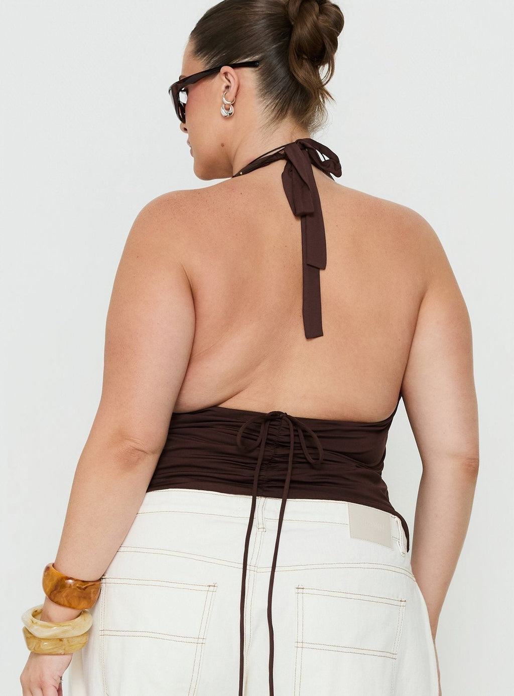 Xylia Plunge Neck Tie Back Top Chocolate Curve