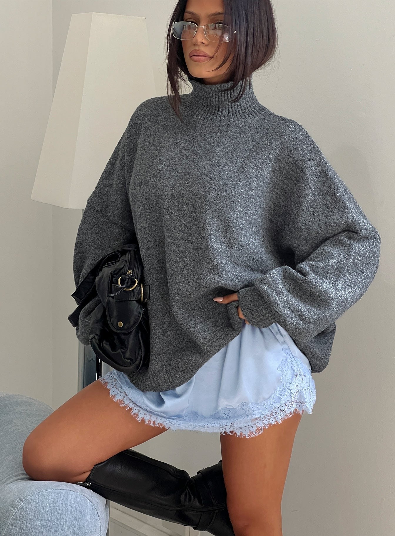 Patrizia Funnel Neck Knit Sweater Grey