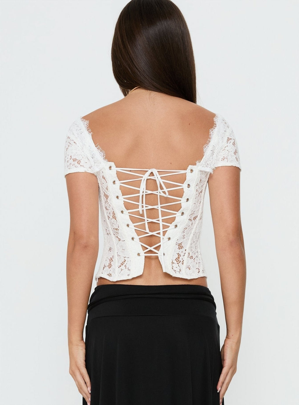Miquela Short Sleeve Corset Lace Top White