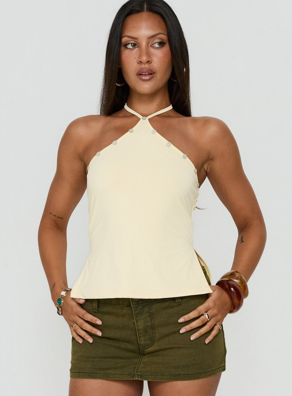 Eiva Arrowneck Button Detail Top Lemon