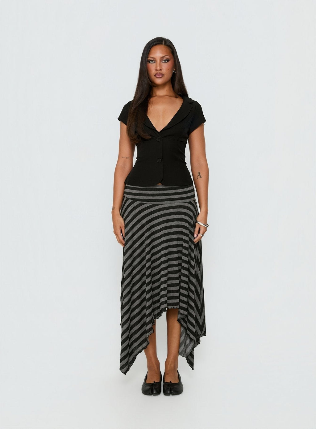 Alevia Asymmetrical Midi Skirt Black / Grey Stripe