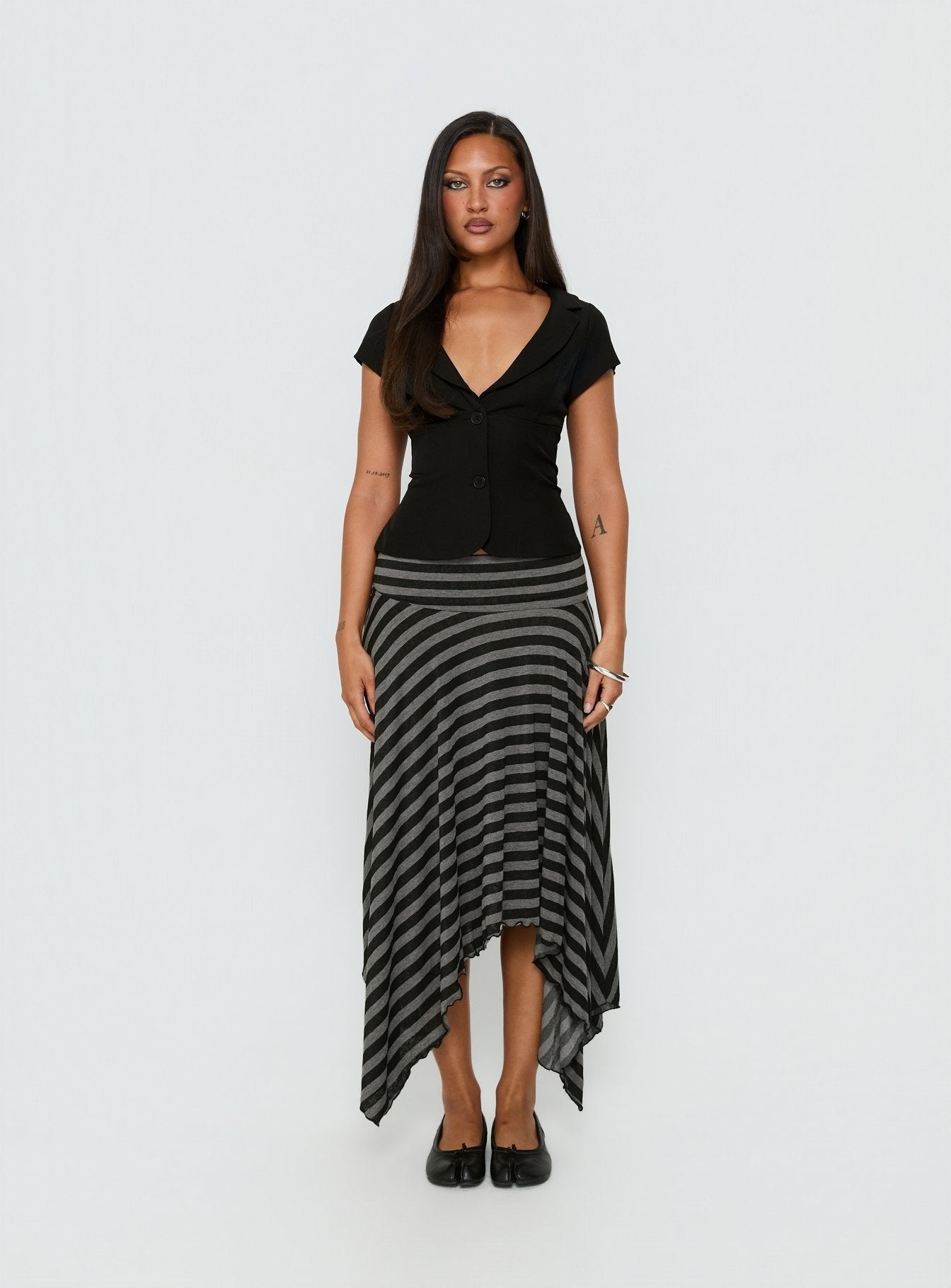 Alevia Asymmetrical Midi Skirt Black / Grey Stripe