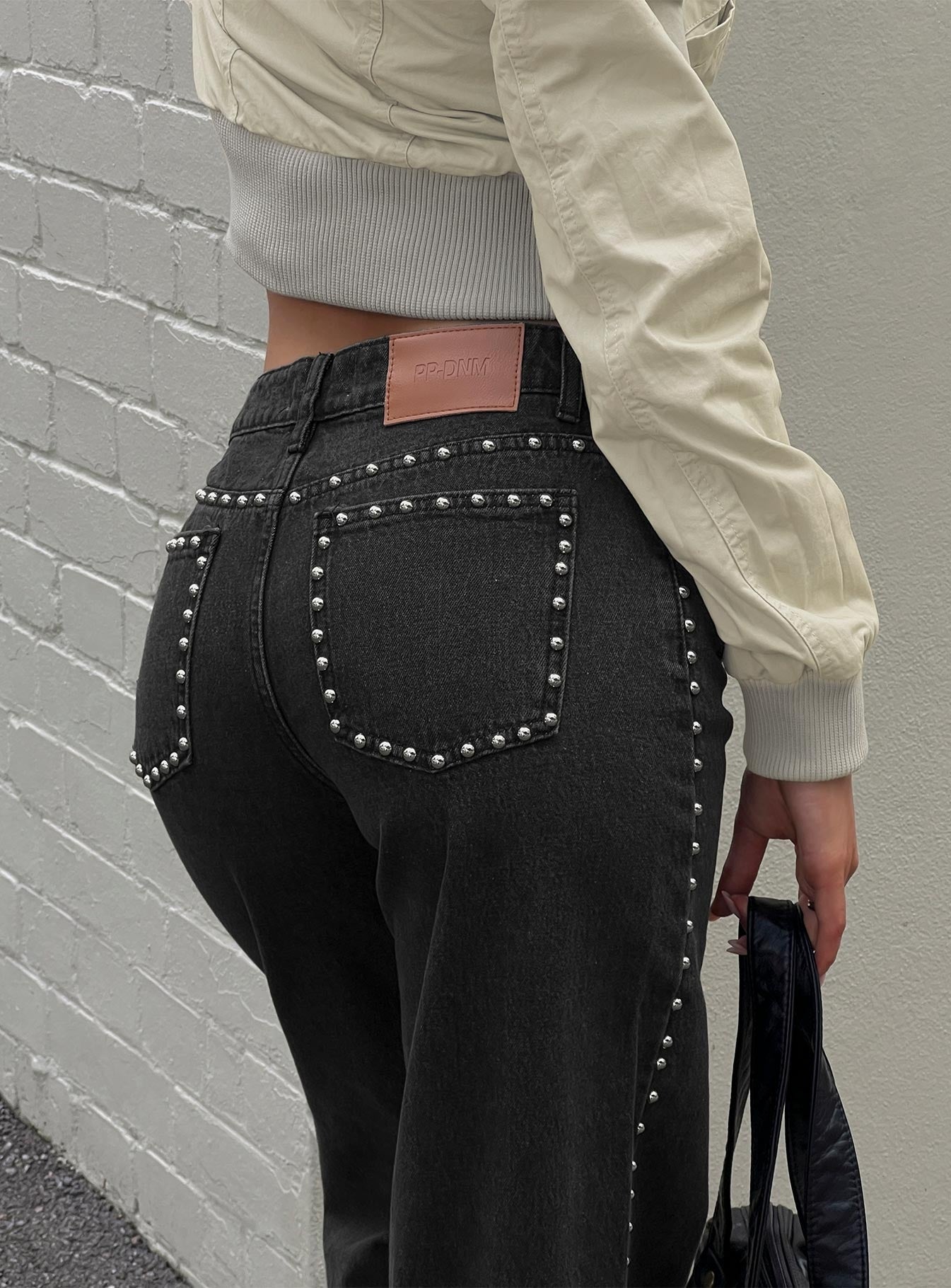 Saving Up Mid Rise Straight Leg Studded Jeans Jet Black