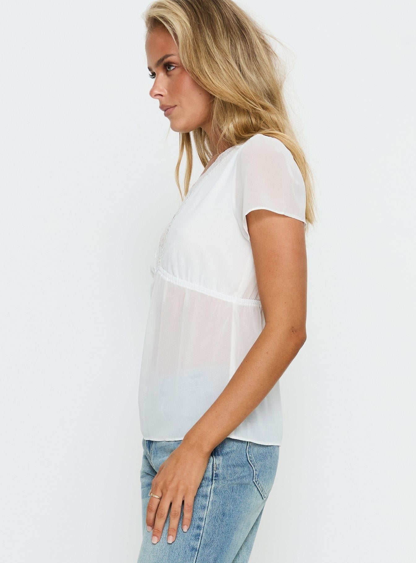 Farynn Lace Trim Sheer Babydoll Top White