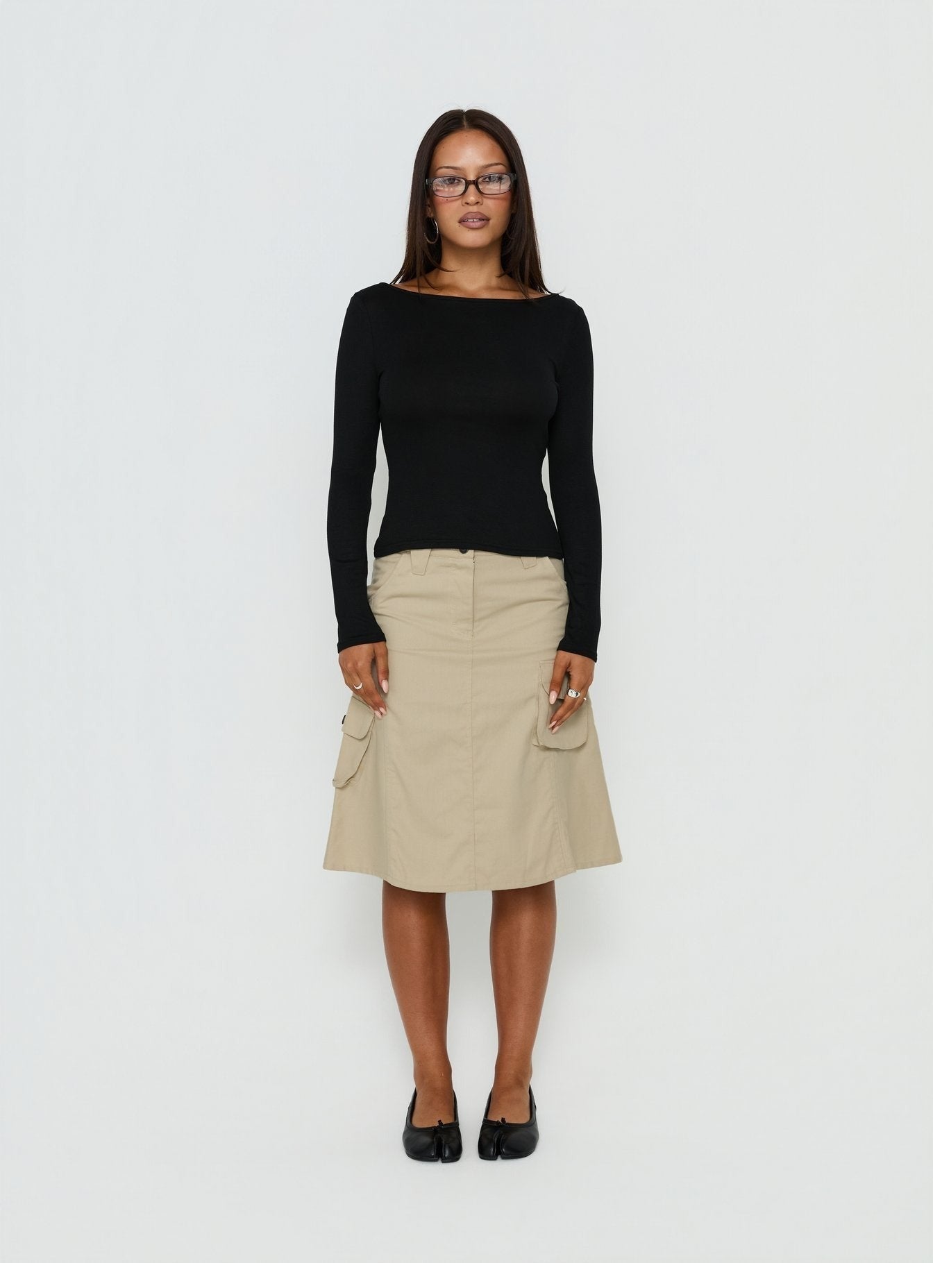 Rovie Twill Cargo Midi Skirt Latte