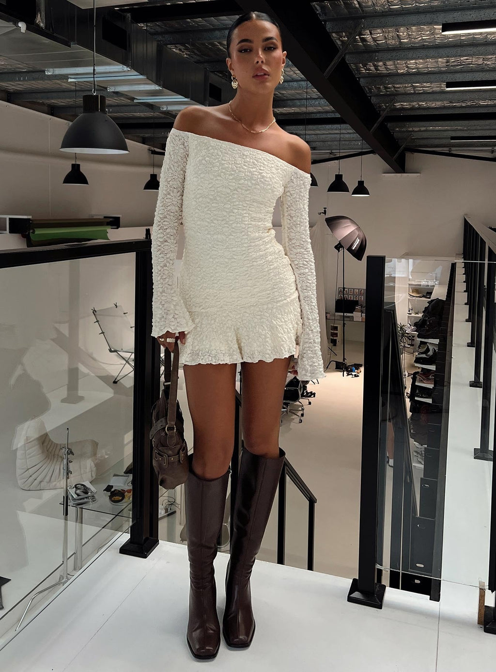 Vancesca Off Shoulder Long Sleeve Mini Dress Petite