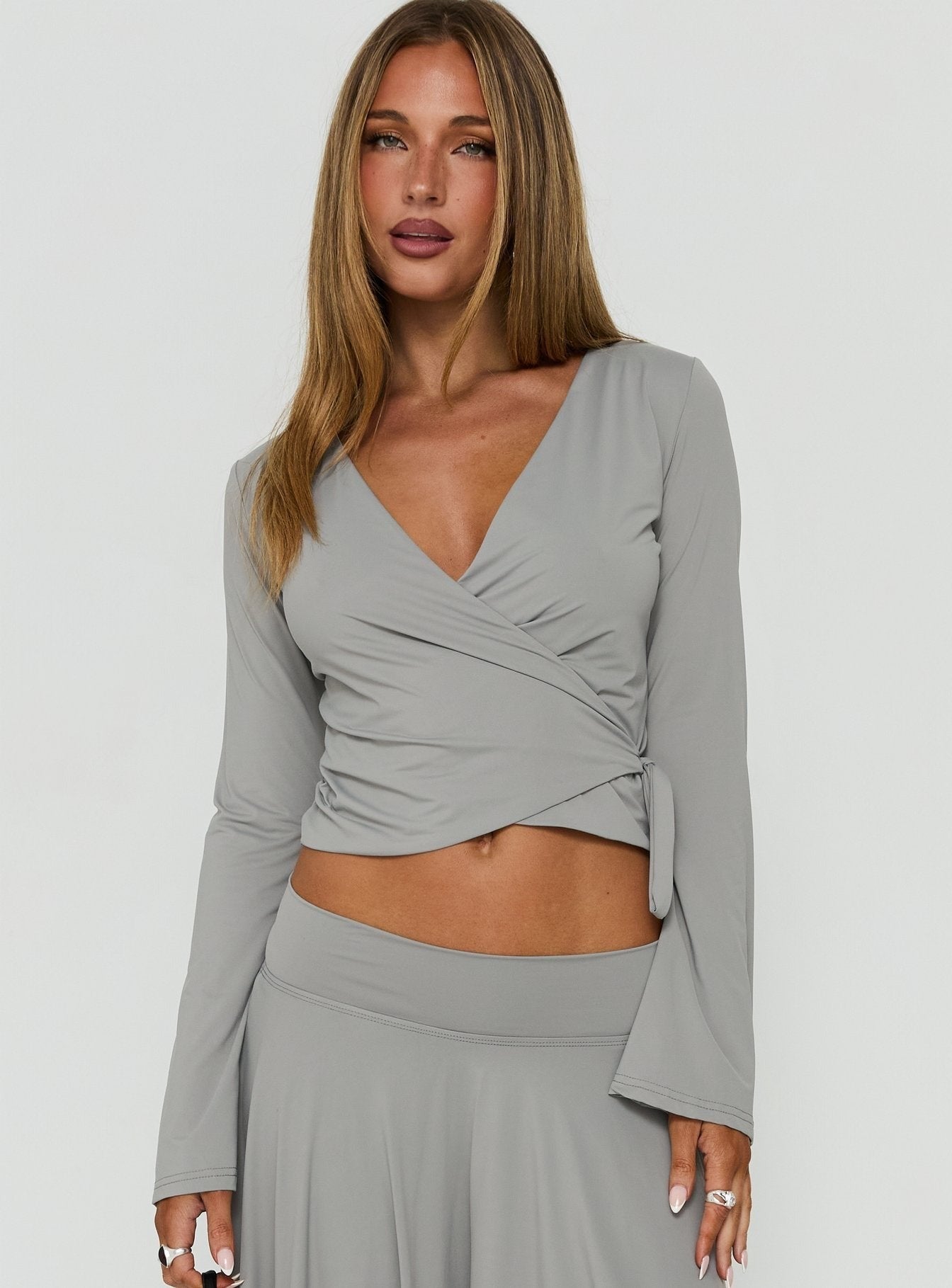 Talluleah Wrap Front Long Sleeve Top Grey