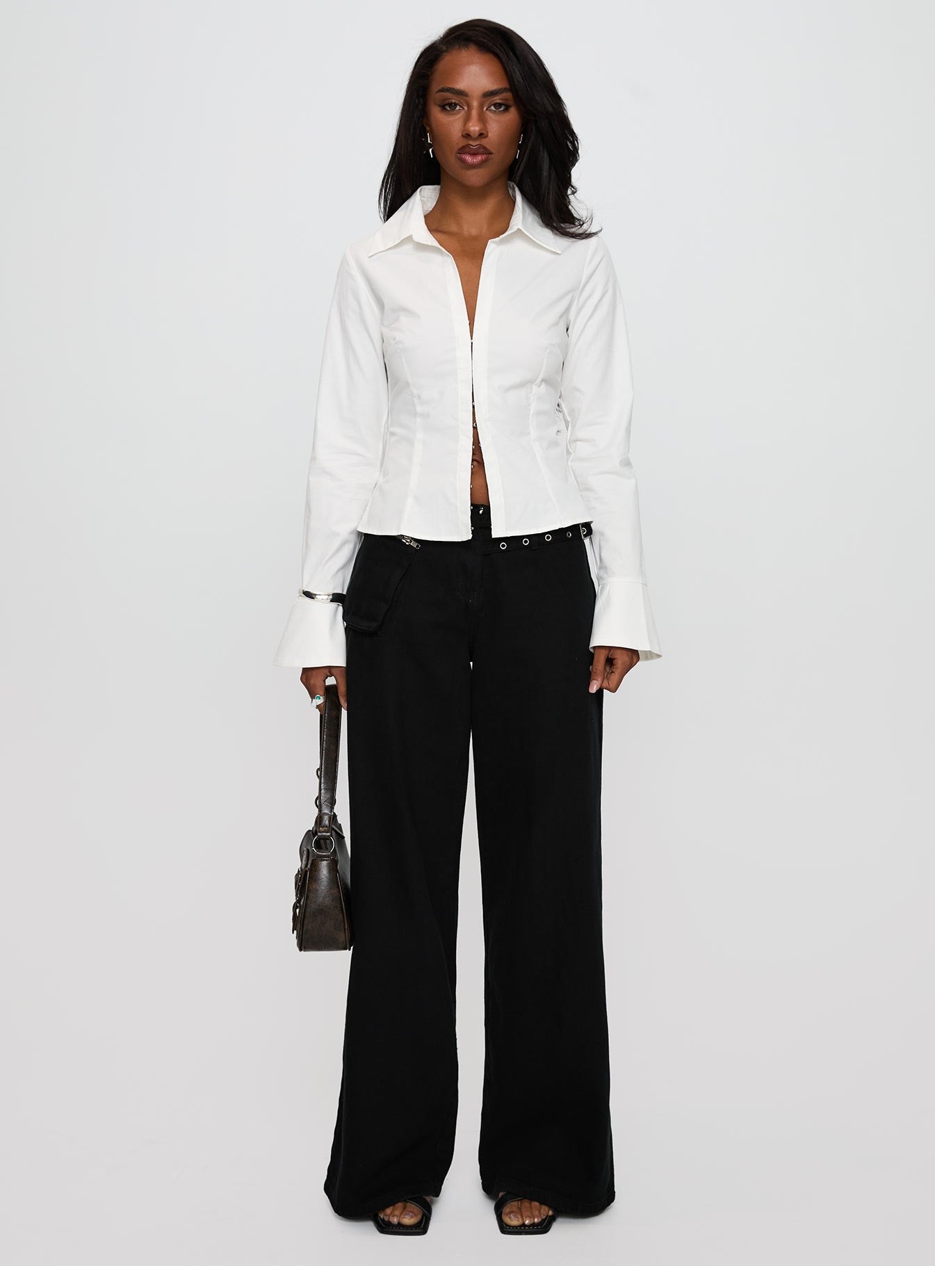By The Phone Long Sleeve Collared Top White